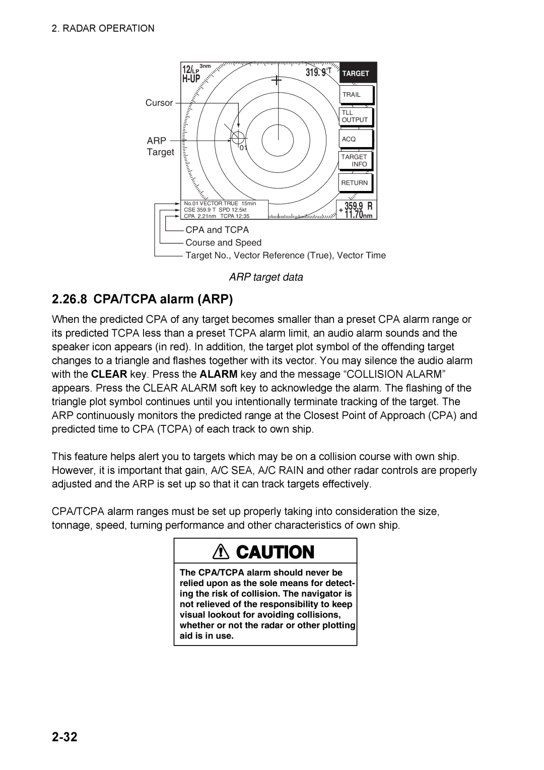 Furuno 1824C manual 26.8 CPA/TCPA alarm ARP, ARP target data 