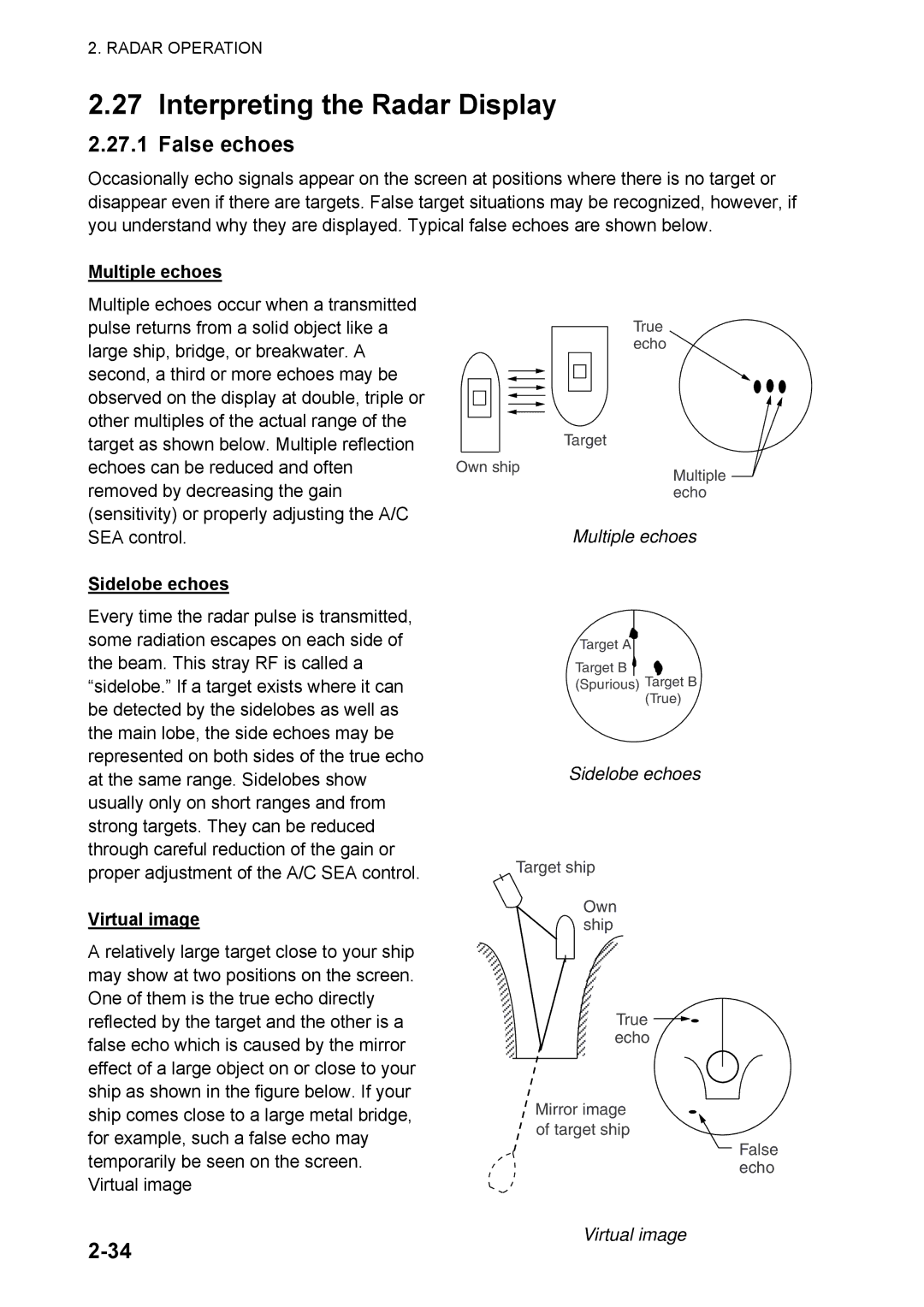 Furuno 1824C manual Interpreting the Radar Display, False echoes, Multiple echoes, Sidelobe echoes, Virtual image 