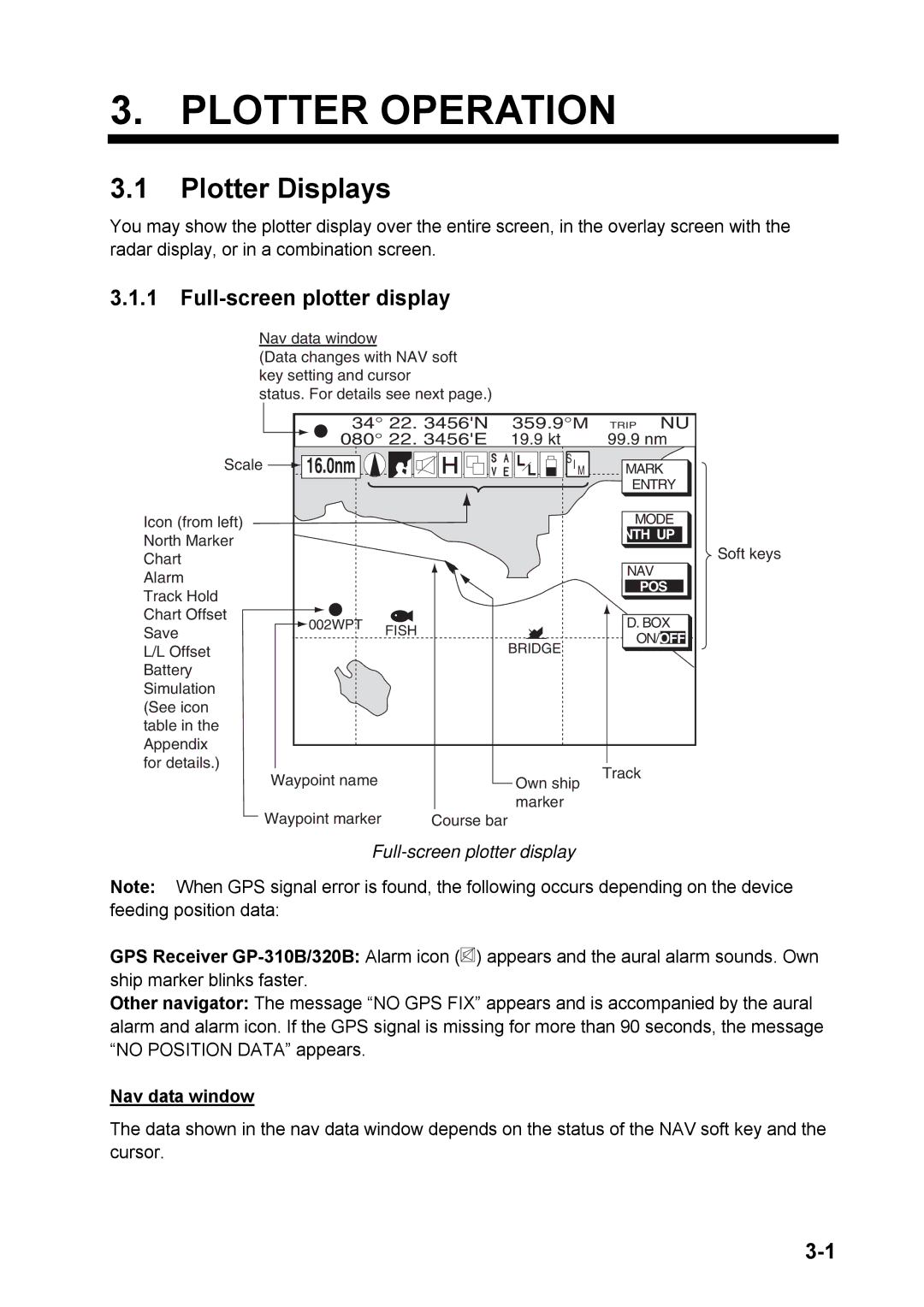 Furuno 1824C manual Plotter Displays, Full-screen plotter display, Nav data window 