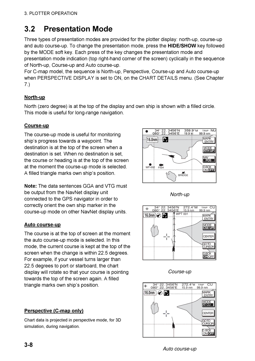 Furuno 1824C manual Auto course-up, Perspective C-map only, North-up, Course-up 