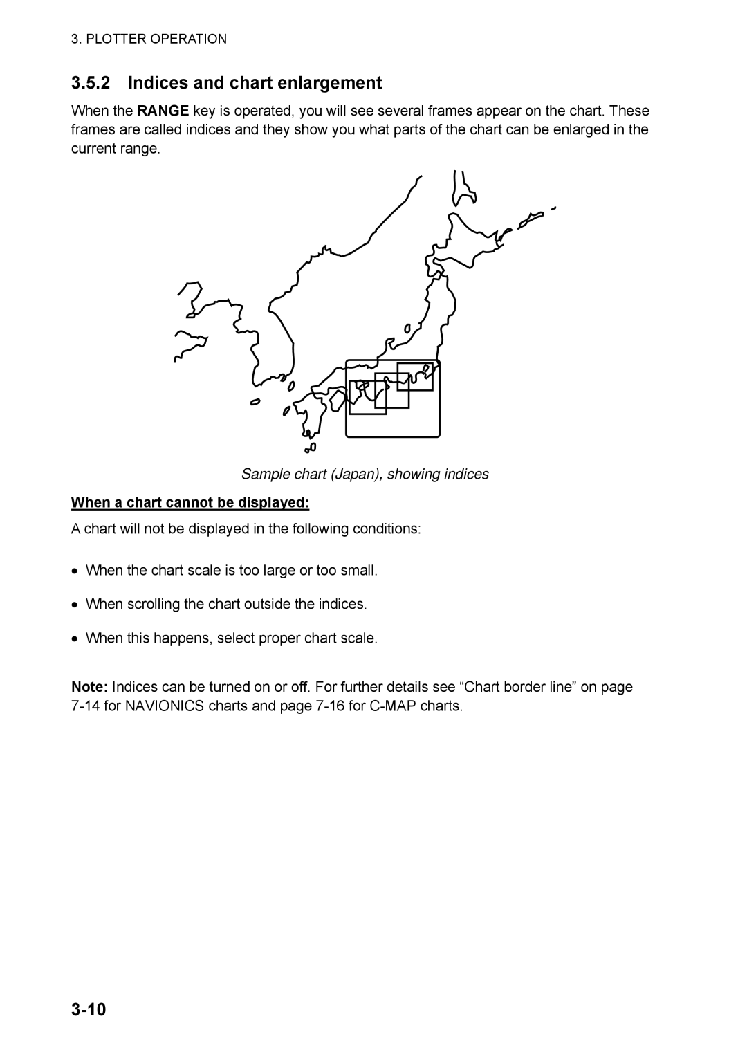 Furuno 1824C manual Indices and chart enlargement, Sample chart Japan, showing indices, When a chart cannot be displayed 