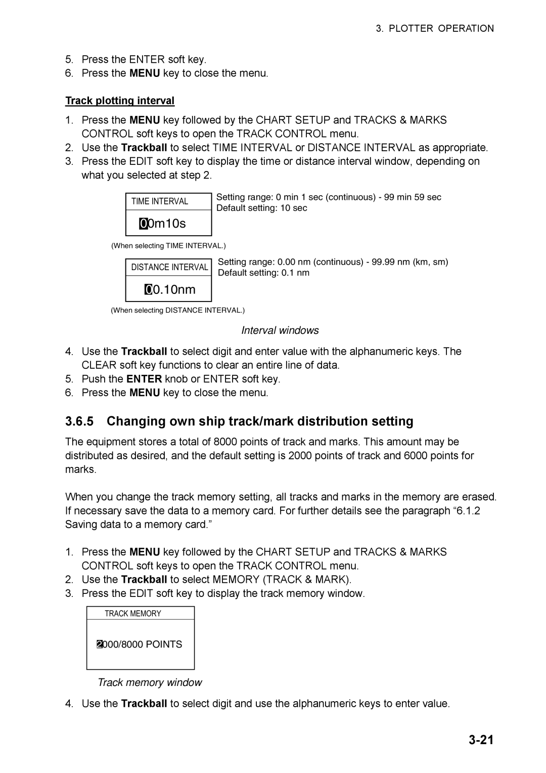 Furuno 1824C manual Changing own ship track/mark distribution setting, Track plotting interval, Interval windows 