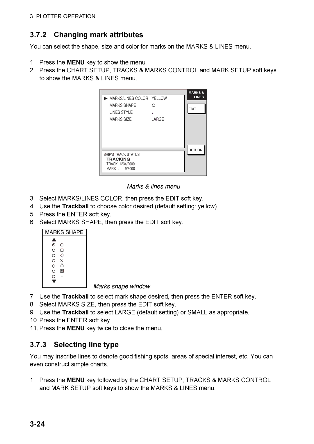 Furuno 1824C manual Changing mark attributes, Selecting line type, Marks & lines menu, Marks shape window 
