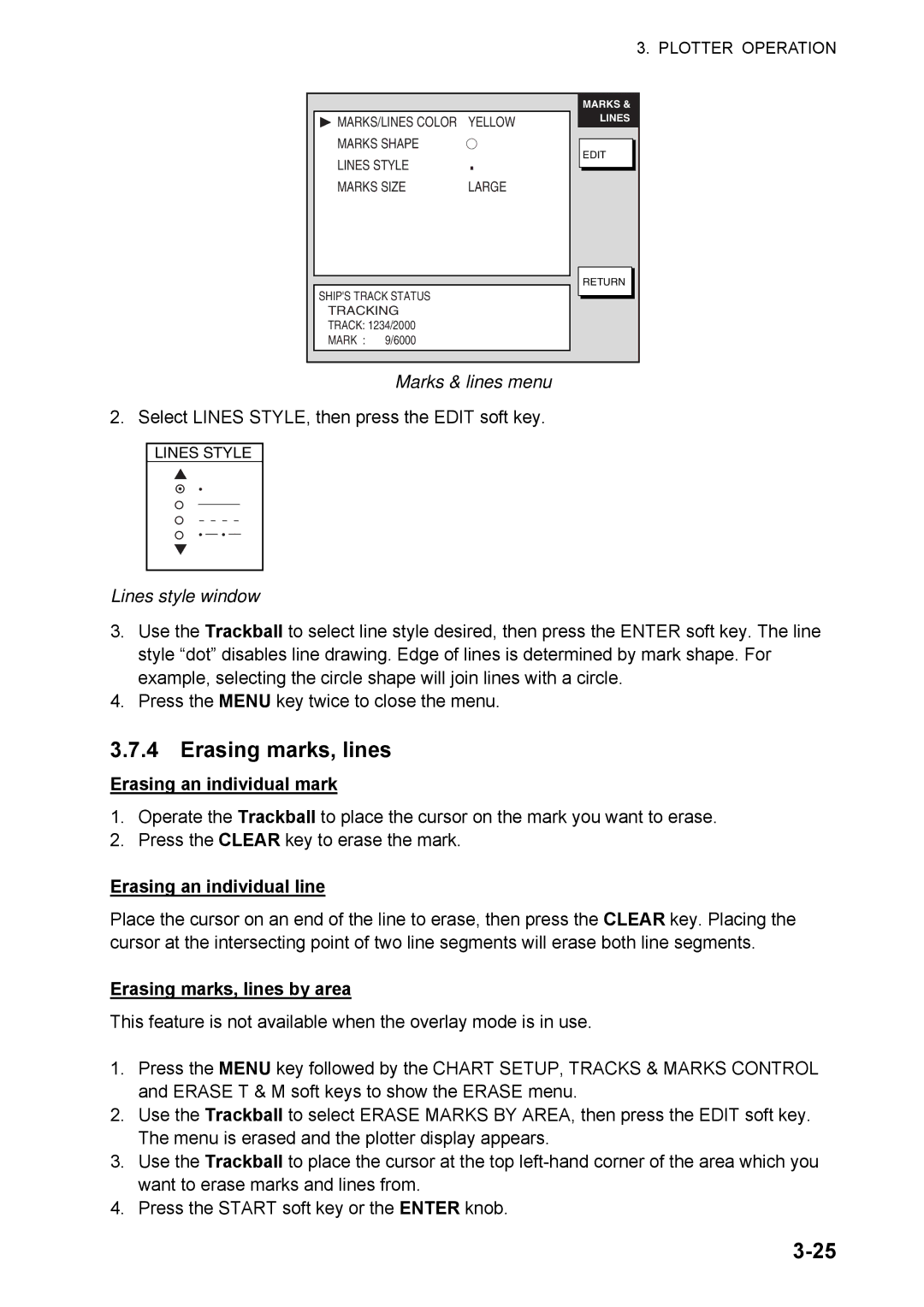 Furuno 1824C manual Erasing marks, lines, Lines style window, Erasing an individual mark, Erasing an individual line 