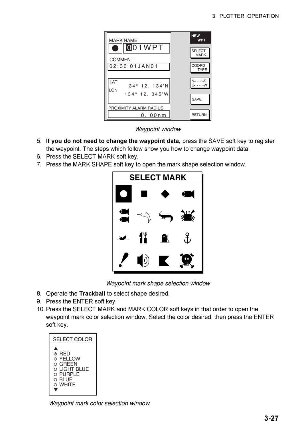 Furuno 1824C manual Waypoint window, Waypoint mark shape selection window, Waypoint mark color selection window 