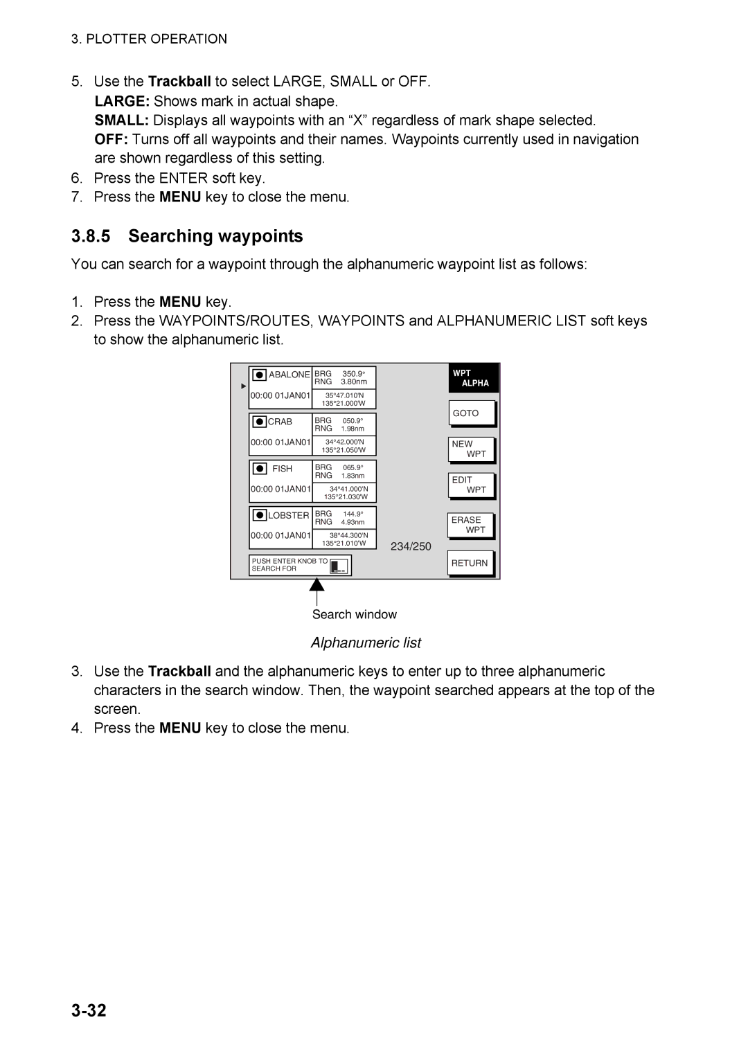 Furuno 1824C manual Searching waypoints, Alphanumeric list 