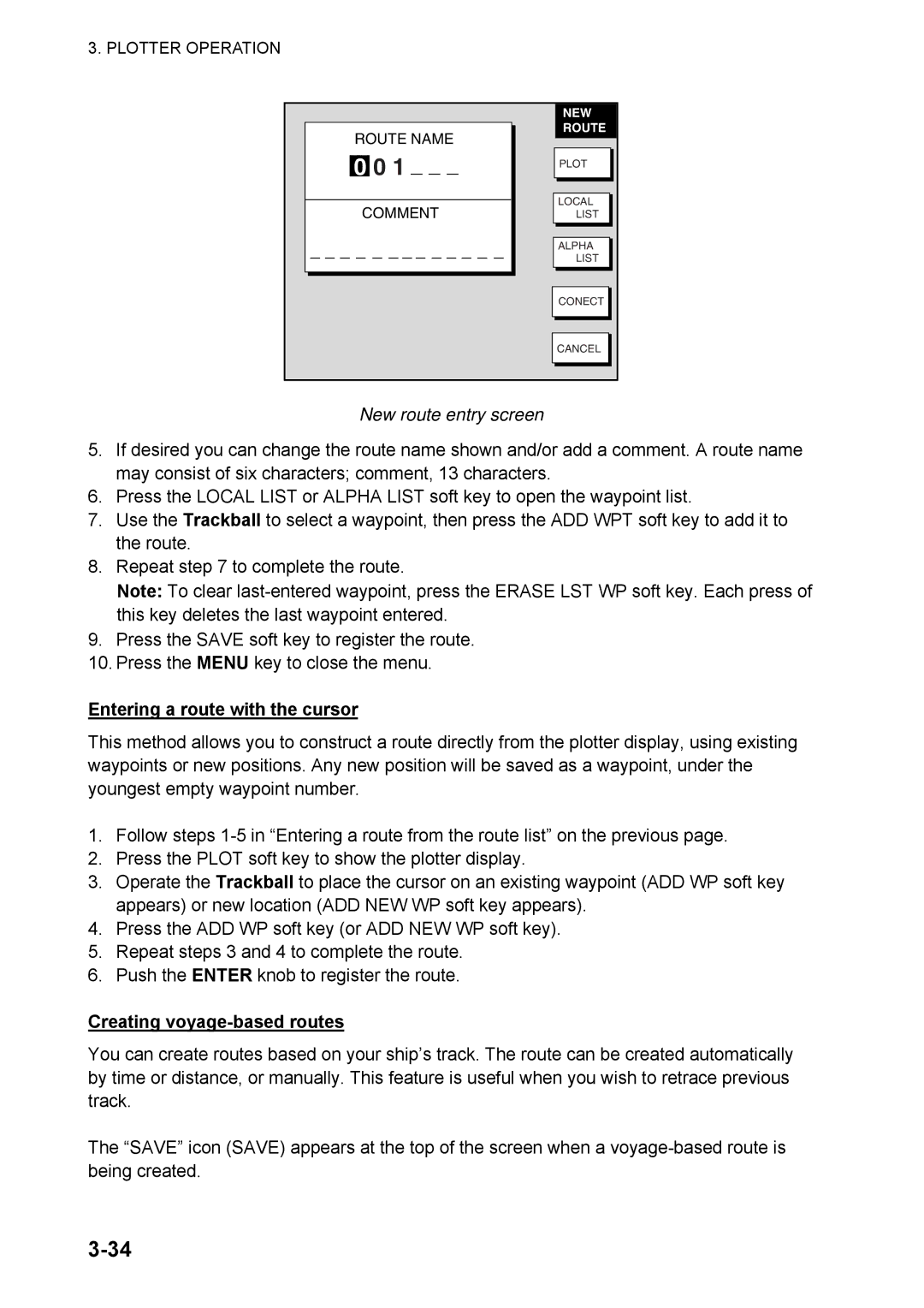Furuno 1824C manual New route entry screen, Entering a route with the cursor, Creating voyage-based routes 