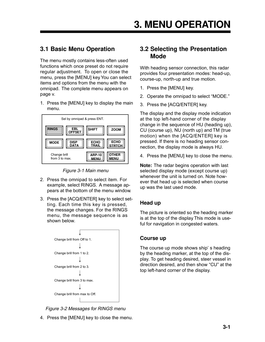 Furuno 1932 MARK-2 manual Basic Menu Operation, Selecting the Presentation Mode, Head up, Course up 