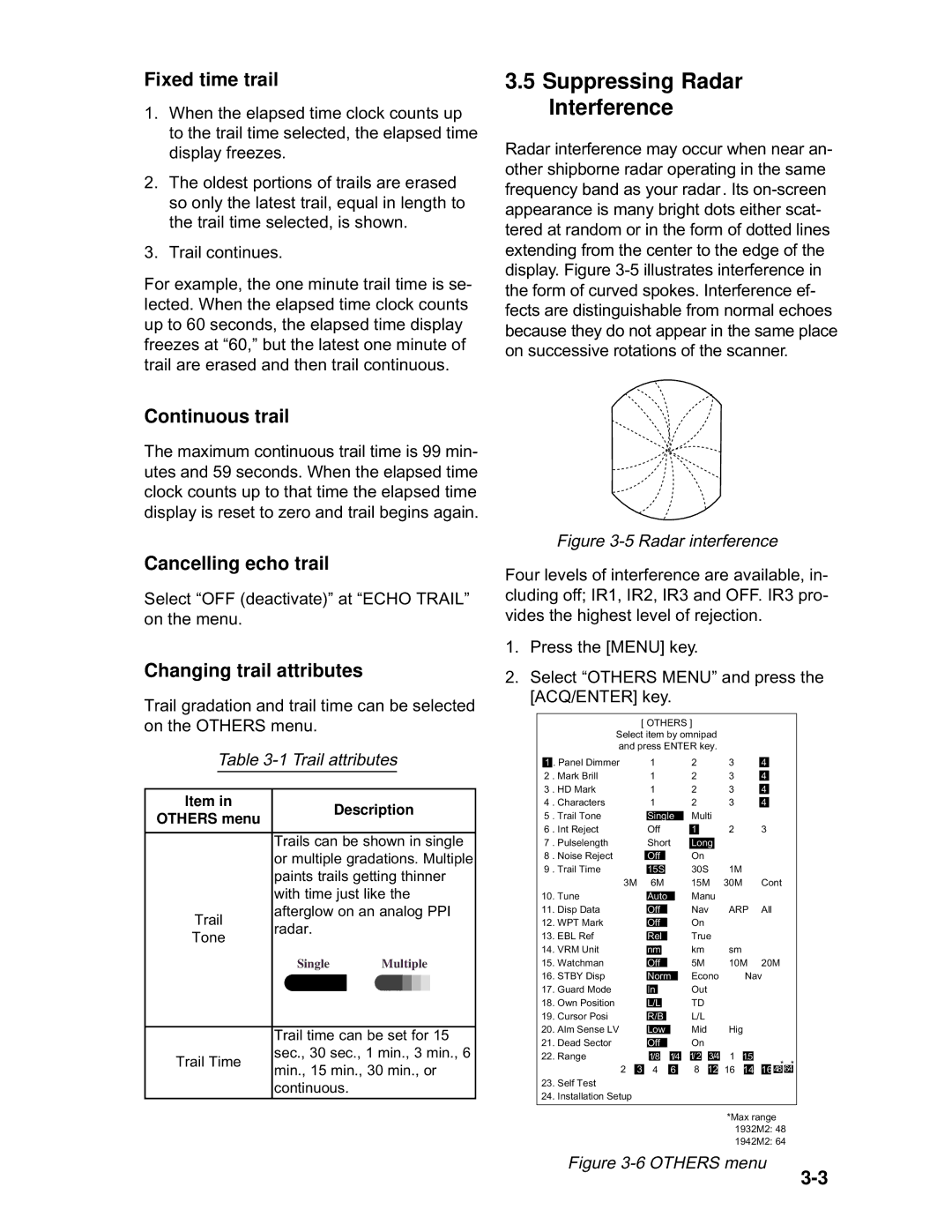 Furuno 1932 MARK-2 manual Suppressing Radar Interference, Fixed time trail, Continuous trail, Cancelling echo trail 