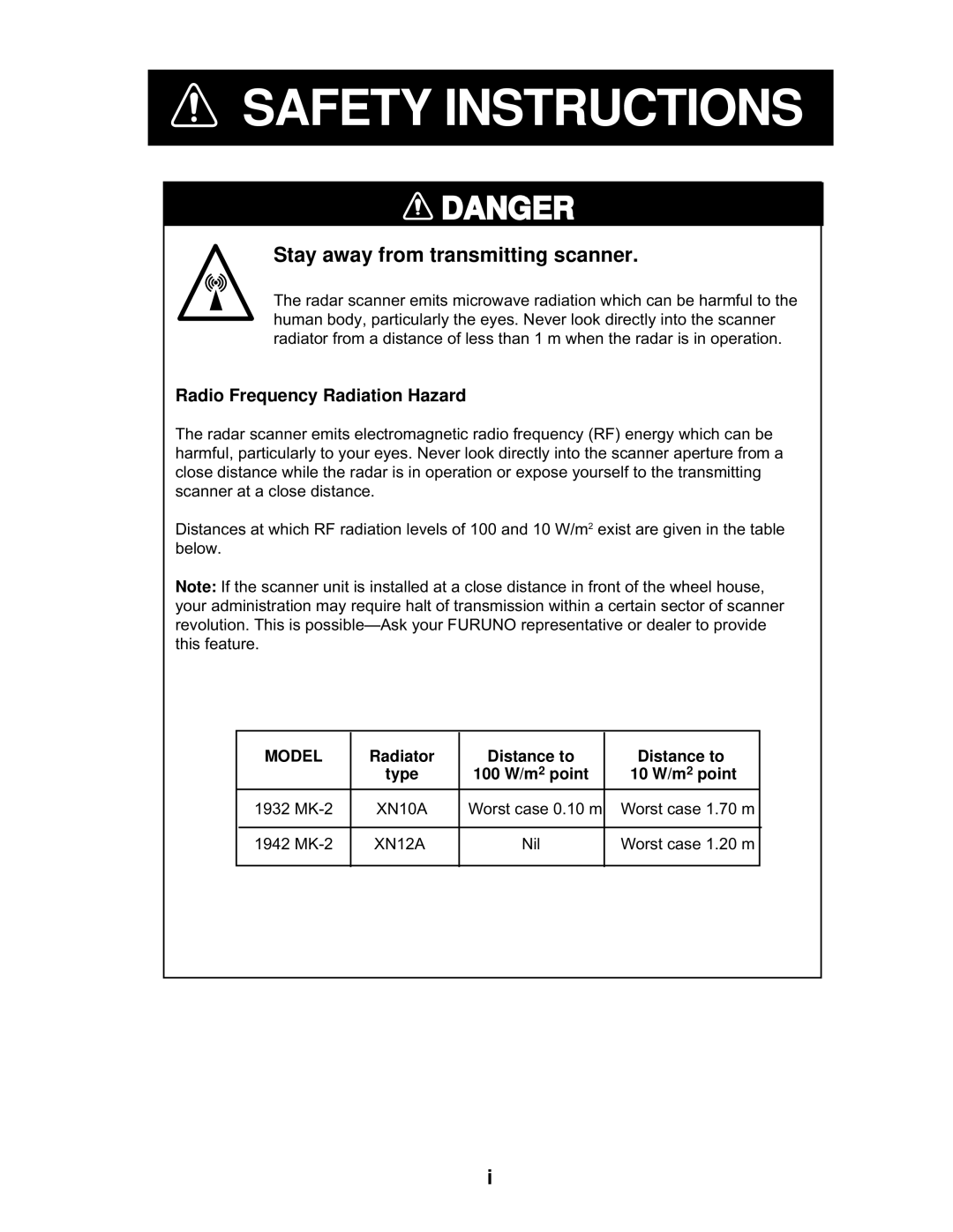 Furuno 1932 MARK-2 manual Stay away from transmitting scanner, Radiator Distance to 