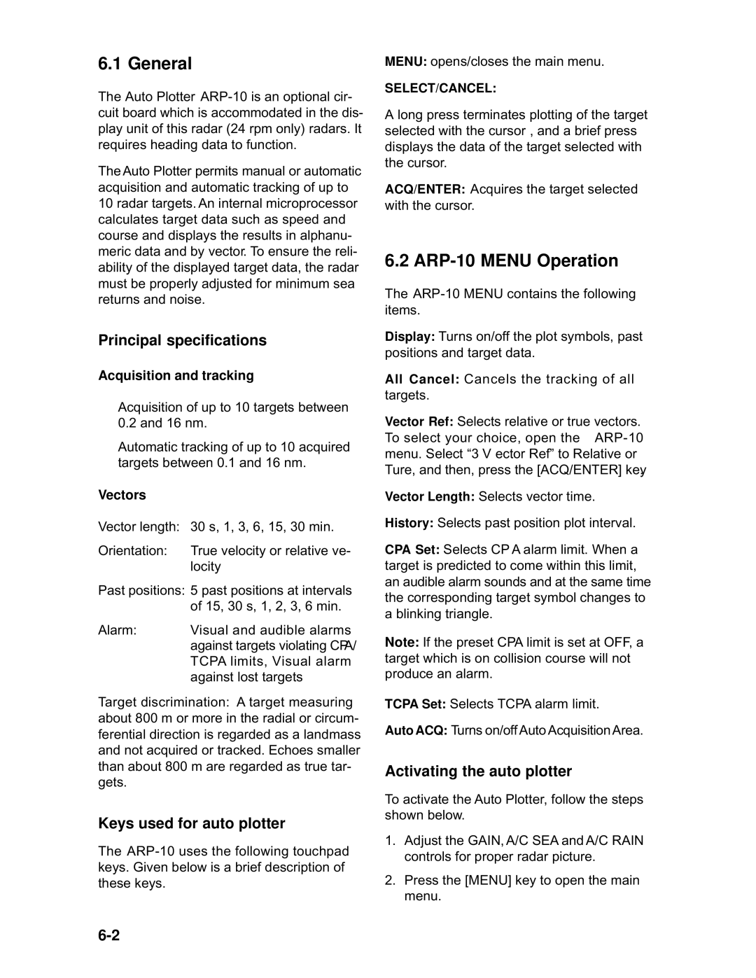 Furuno 1932 MARK-2 manual General, ARP-10 Menu Operation, Principal specifications, Keys used for auto plotter 