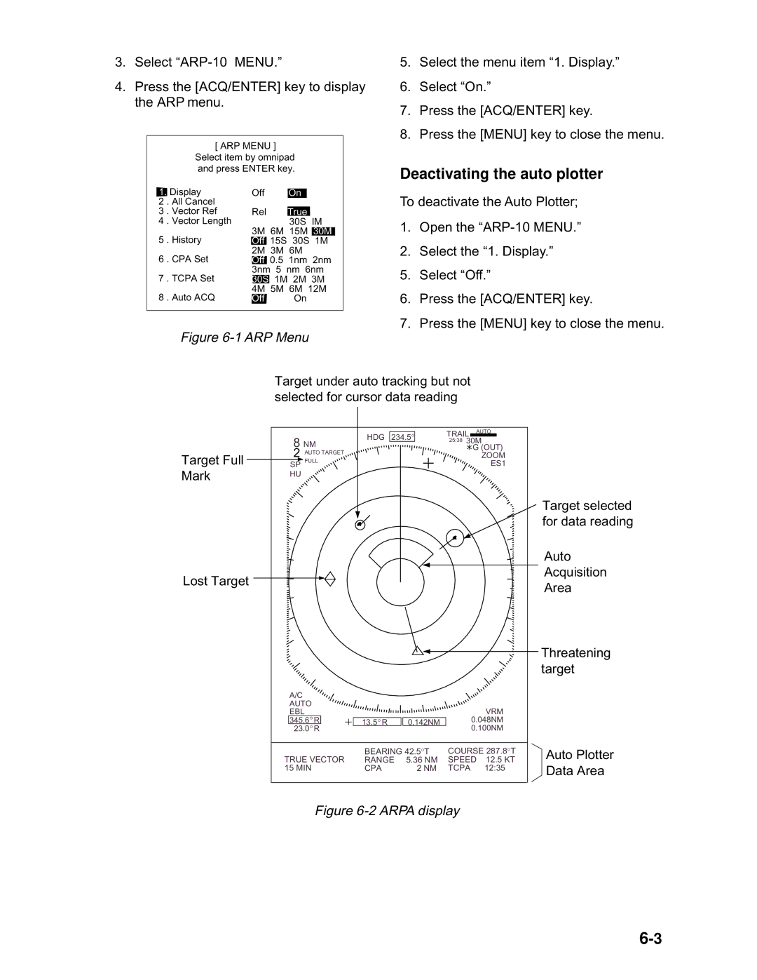 Furuno 1932 MARK-2 manual Deactivating the auto plotter, ARP Menu 