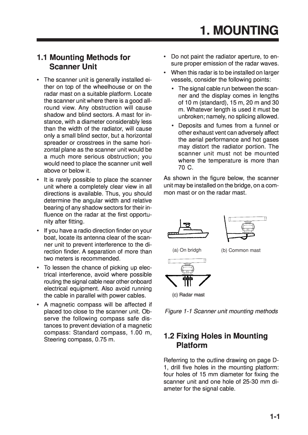 Furuno 1932 MARK-2 manual 1.1Mounting Methods for Scanner Unit, 1.2Fixing Holes in Mounting Platform 