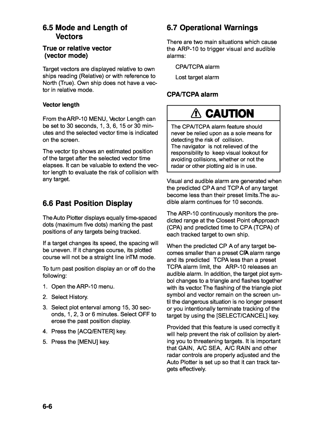 Furuno 1932 MARK-2 manual 6.5Mode and Length of Vectors, Past Position Display, Operational Warnings, CPA/TCPA alarm 