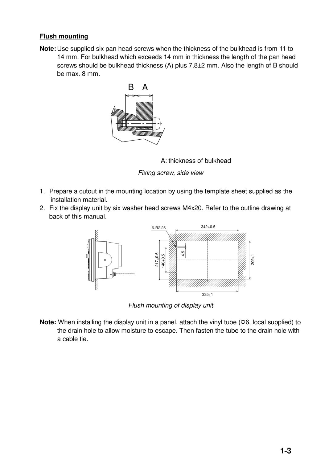 Furuno 1943C, 1933C, 1833C, 1823C, GD-1900C, 1953C manual Fixing screw, side view, Flush mounting of display unit 