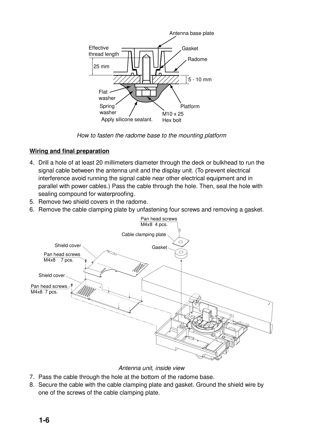 Furuno GD-1900C, 1933C, 1943C, 1833C How to fasten the radome base to the mounting platform, Wiring and final preparation 