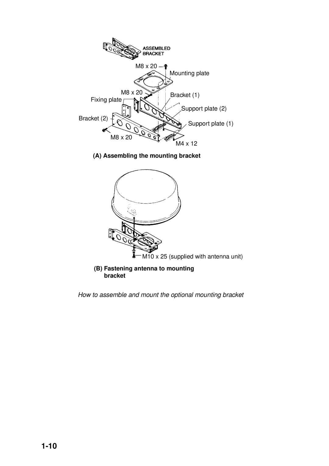 Furuno 1833C, 1933C, 1943C, 1823C, GD-1900C, 1953C manual Assembling the mounting bracket, Fastening antenna to mounting bracket 