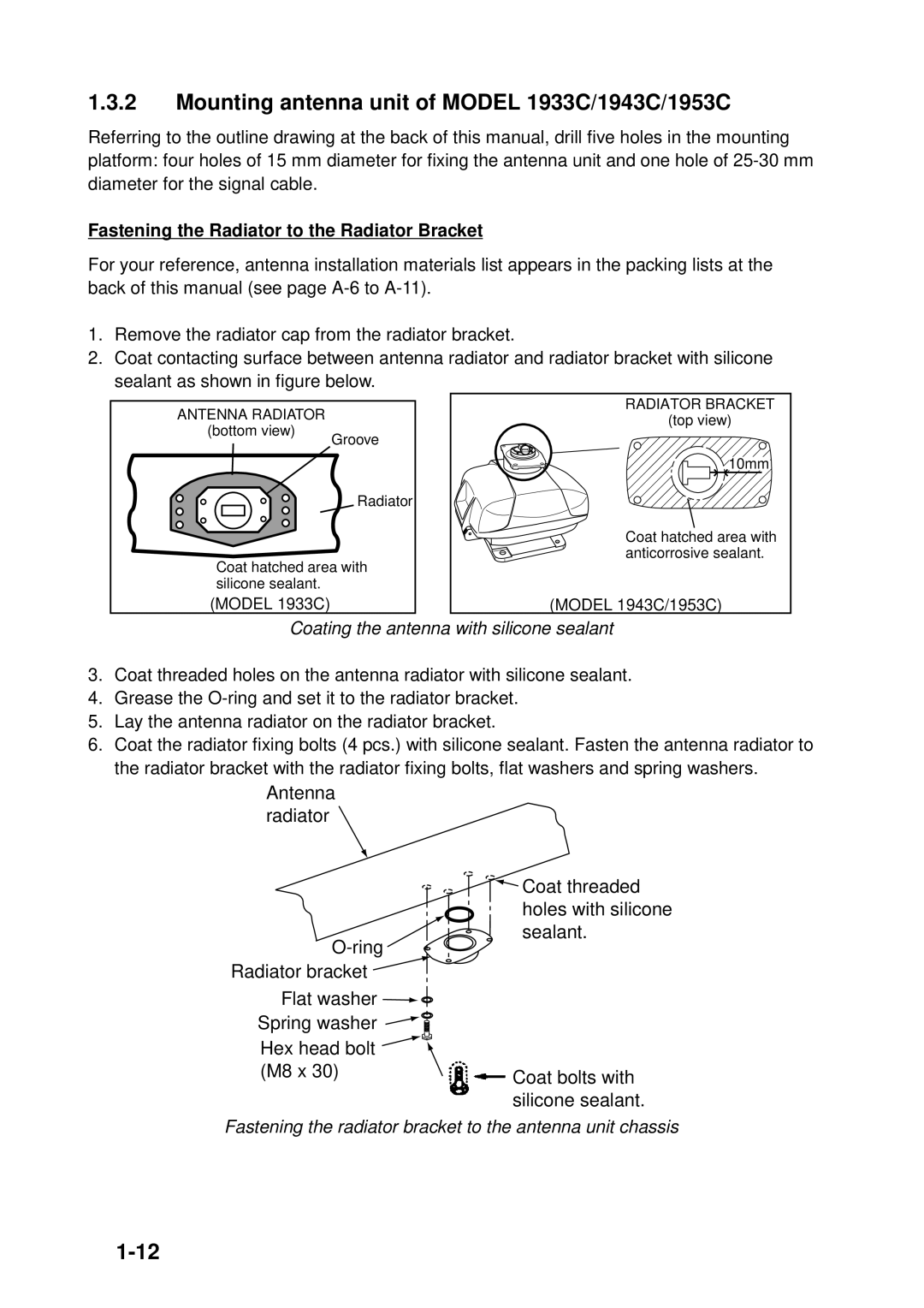 Furuno GD-1900C, 1933C, 1943C Fastening the Radiator to the Radiator Bracket, Coating the antenna with silicone sealant 