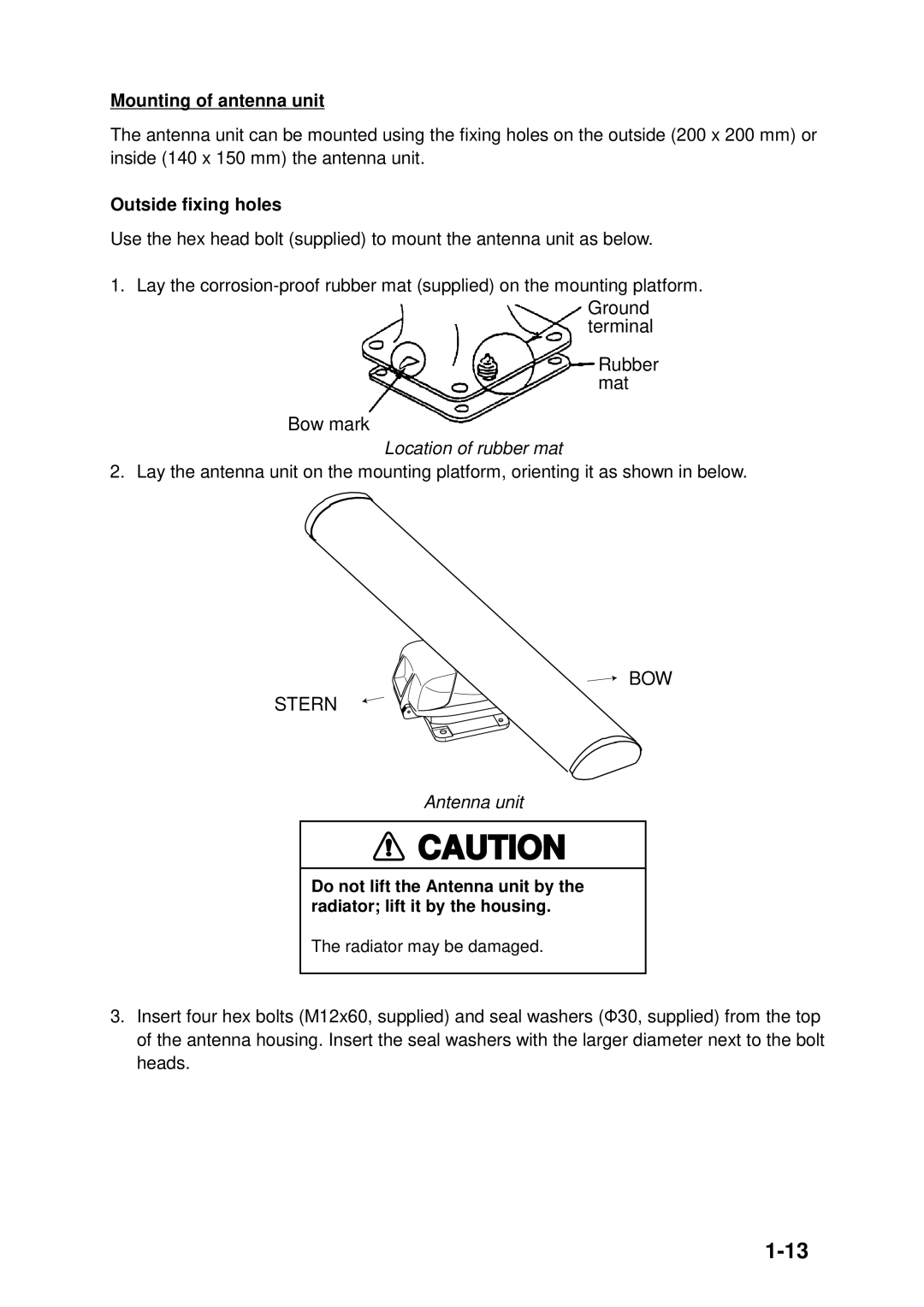 Furuno 1953C, 1933C, 1943C, 1833C, 1823C, GD-1900C manual Mounting of antenna unit, Outside fixing holes, Location of rubber mat 