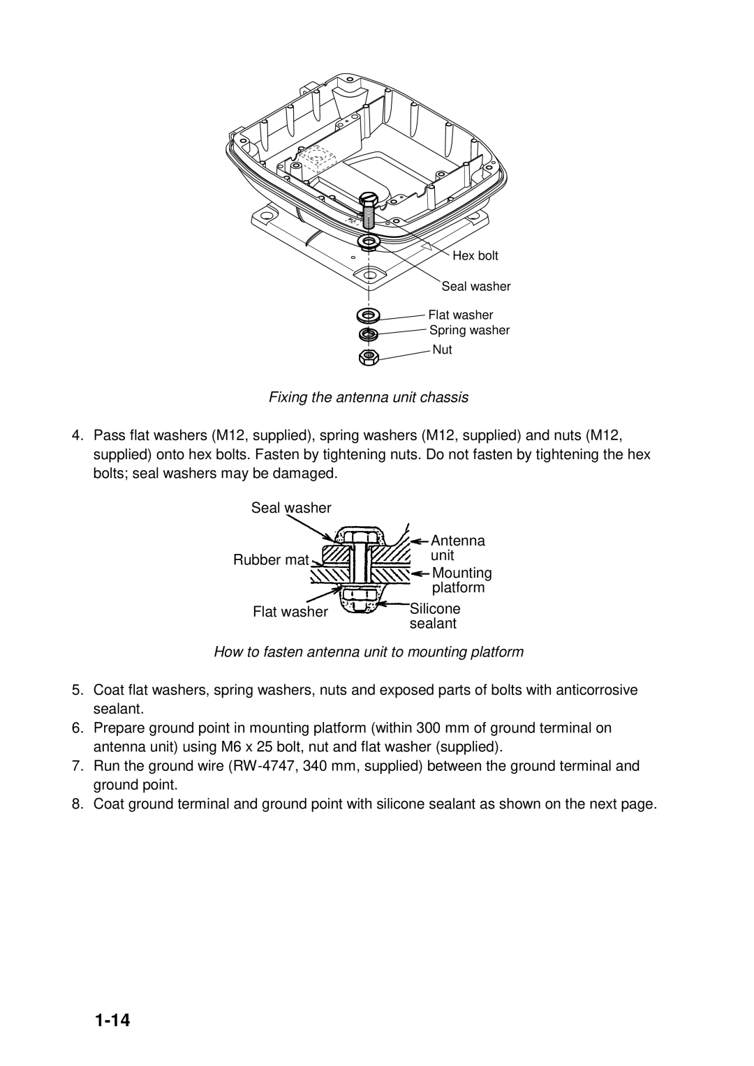 Furuno 1933C, 1943C, 1833C, 1823C, GD-1900C Fixing the antenna unit chassis, How to fasten antenna unit to mounting platform 