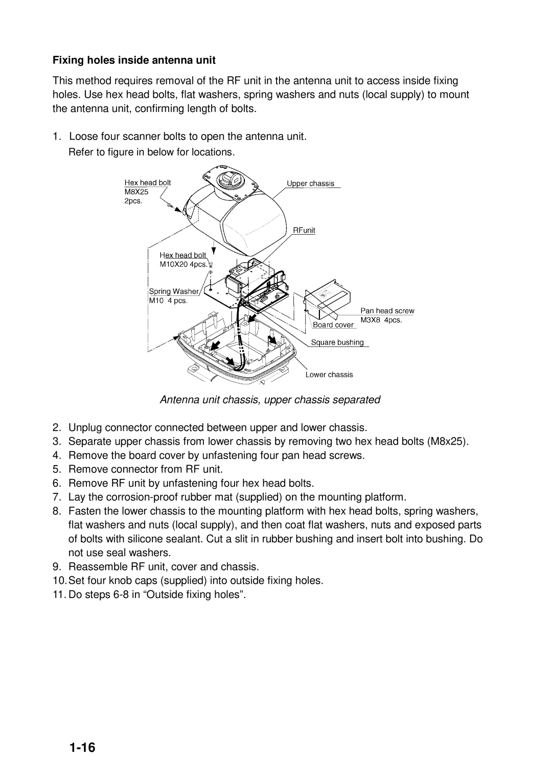 Furuno 1833C, 1933C, 1943C, 1823C, GD-1900C Fixing holes inside antenna unit, Antenna unit chassis, upper chassis separated 