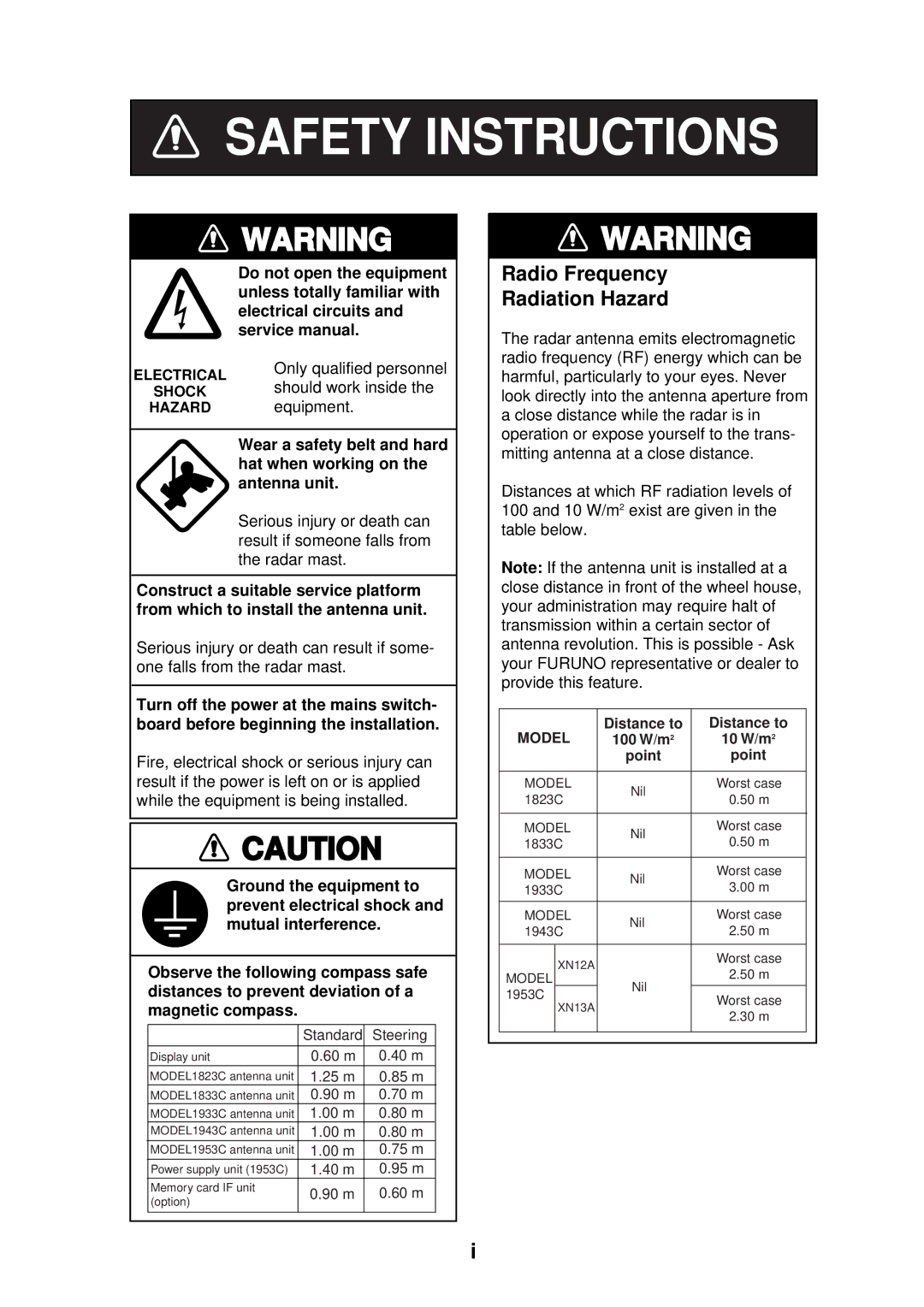 Furuno 1823C, 1933C, 1943C, 1833C, GD-1900C, 1953C manual Safety Instructions 