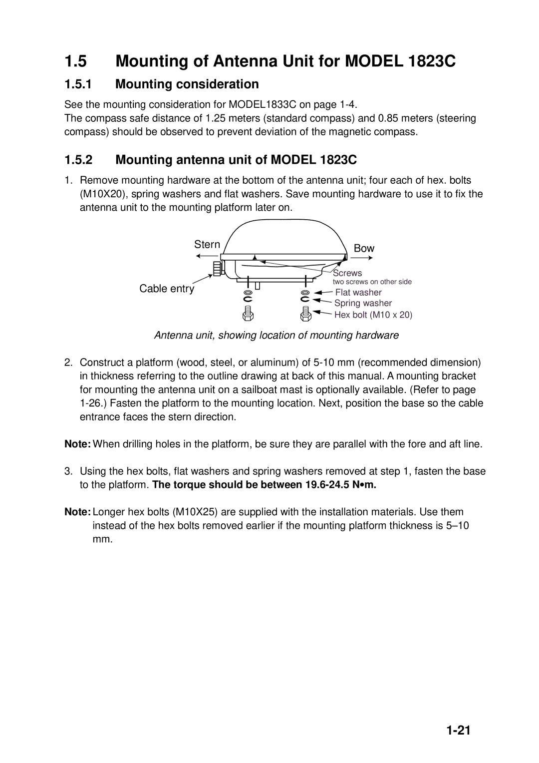 Furuno 1943C, 1933C Mounting of Antenna Unit for Model 1823C, Mounting consideration, Mounting antenna unit of Model 1823C 