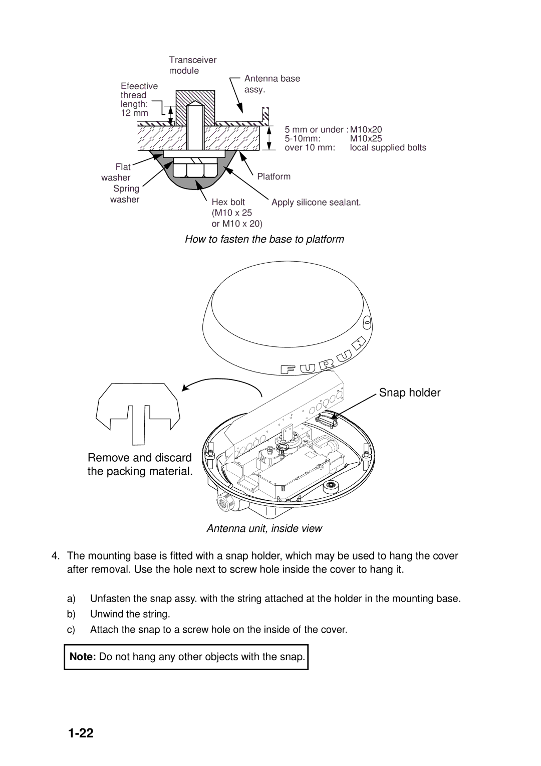 Furuno 1833C, 1933C, 1943C, 1823C Snap holder Remove and discard the packing material, How to fasten the base to platform 