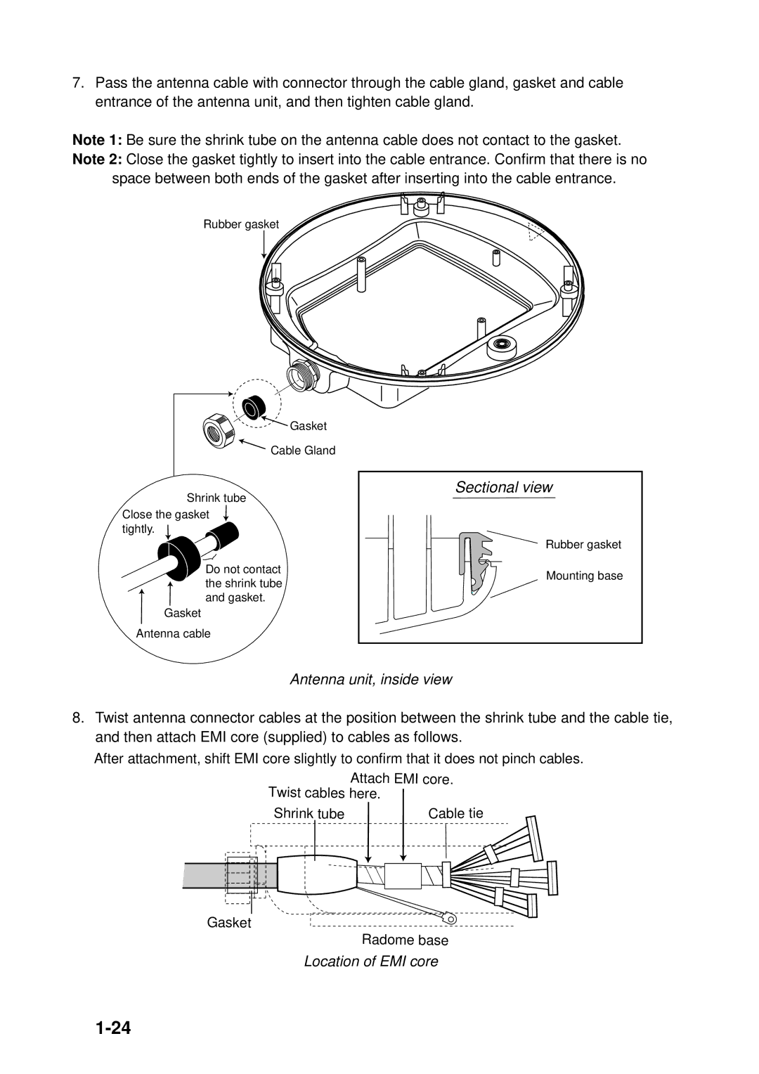 Furuno GD-1900C, 1933C, 1943C, 1833C, 1823C, 1953C manual Antenna unit, inside view, Location of EMI core 