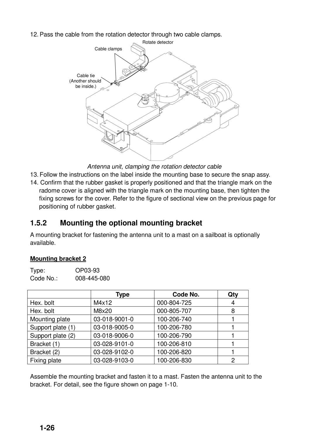 Furuno 1933C, 1943C, 1833C, 1823C Mounting the optional mounting bracket, Antenna unit, clamping the rotation detector cable 