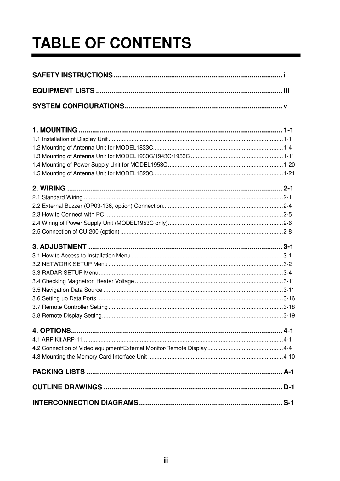 Furuno GD-1900C, 1933C, 1943C, 1833C, 1823C, 1953C manual Table of Contents 