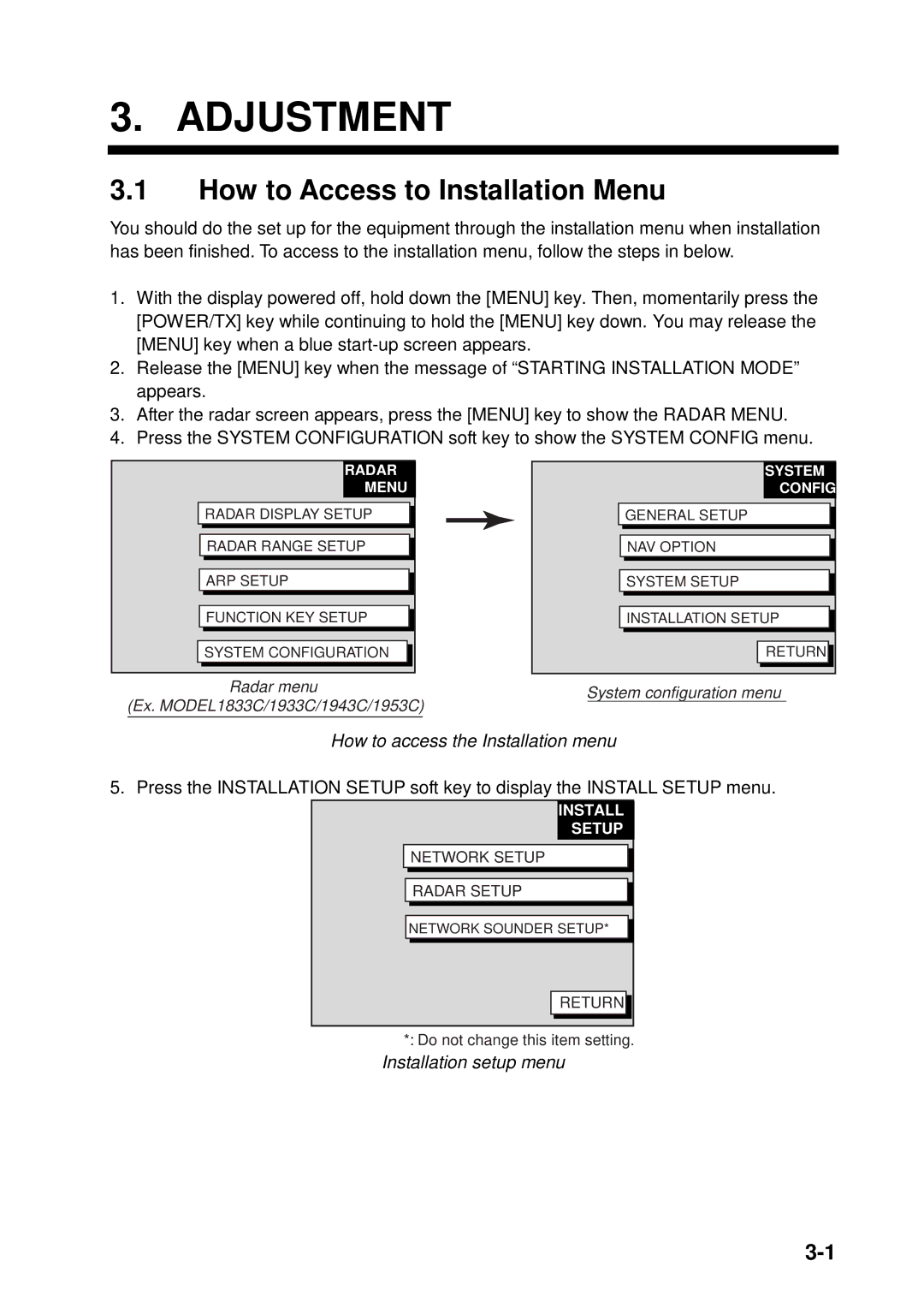 Furuno 1823C, 1933C, 1943C How to Access to Installation Menu, How to access the Installation menu, Installation setup menu 