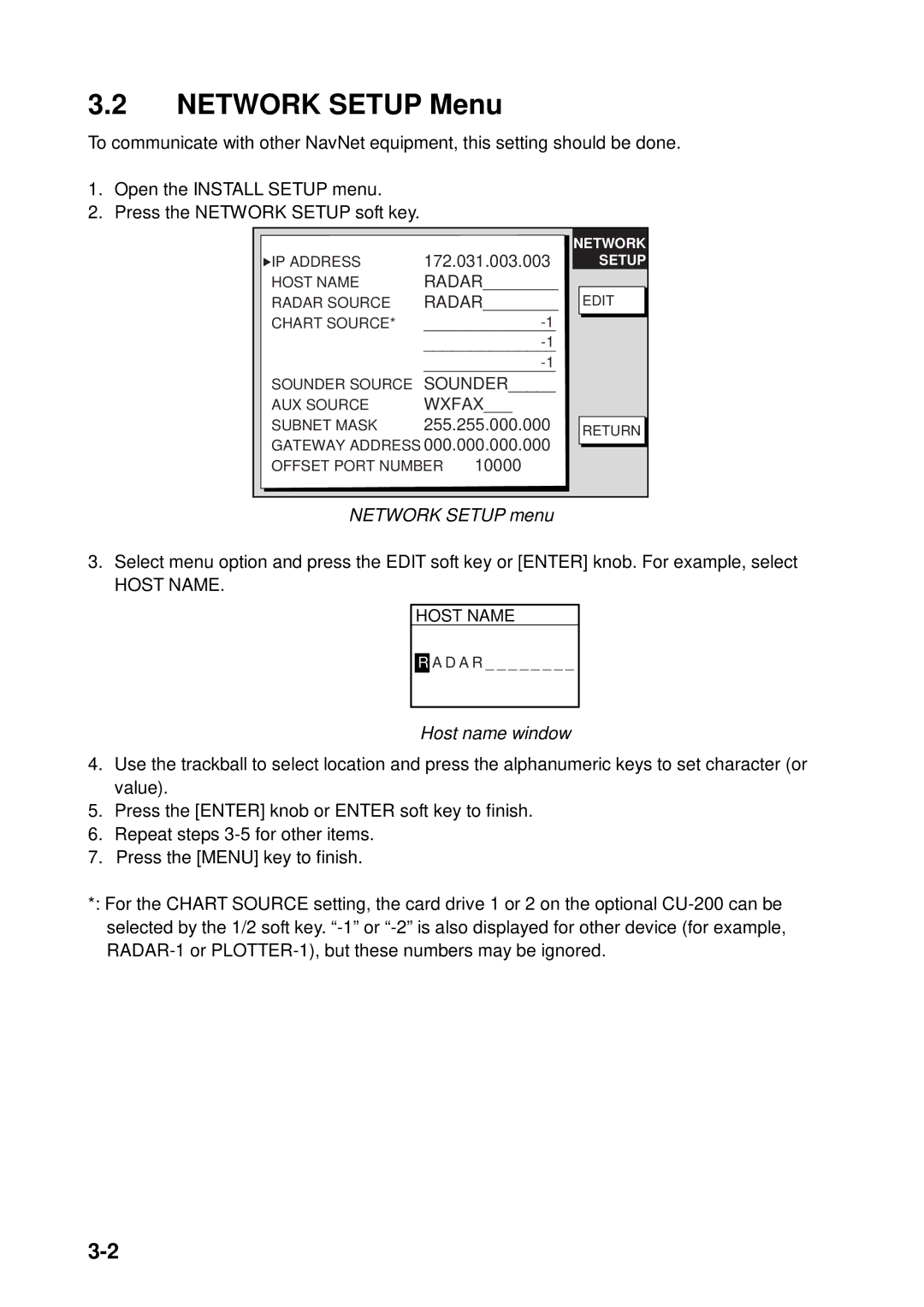 Furuno GD-1900C, 1933C, 1943C, 1833C, 1823C, 1953C manual Network Setup Menu, Network Setup menu, Host name window 