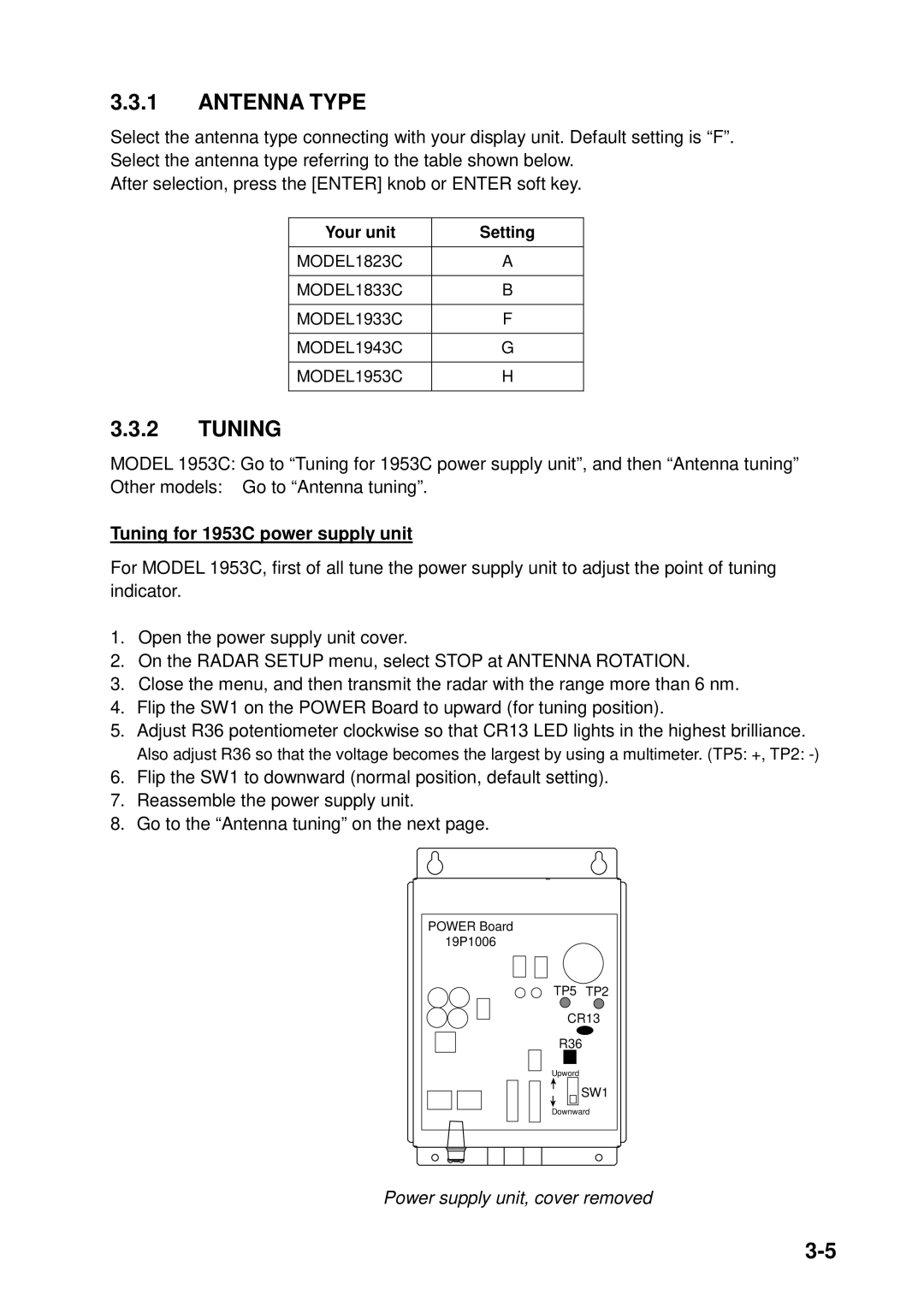 Furuno 1943C, 1933C, 1833C, 1823C, GD-1900C, 1953C manual Antenna Type, Tuning 