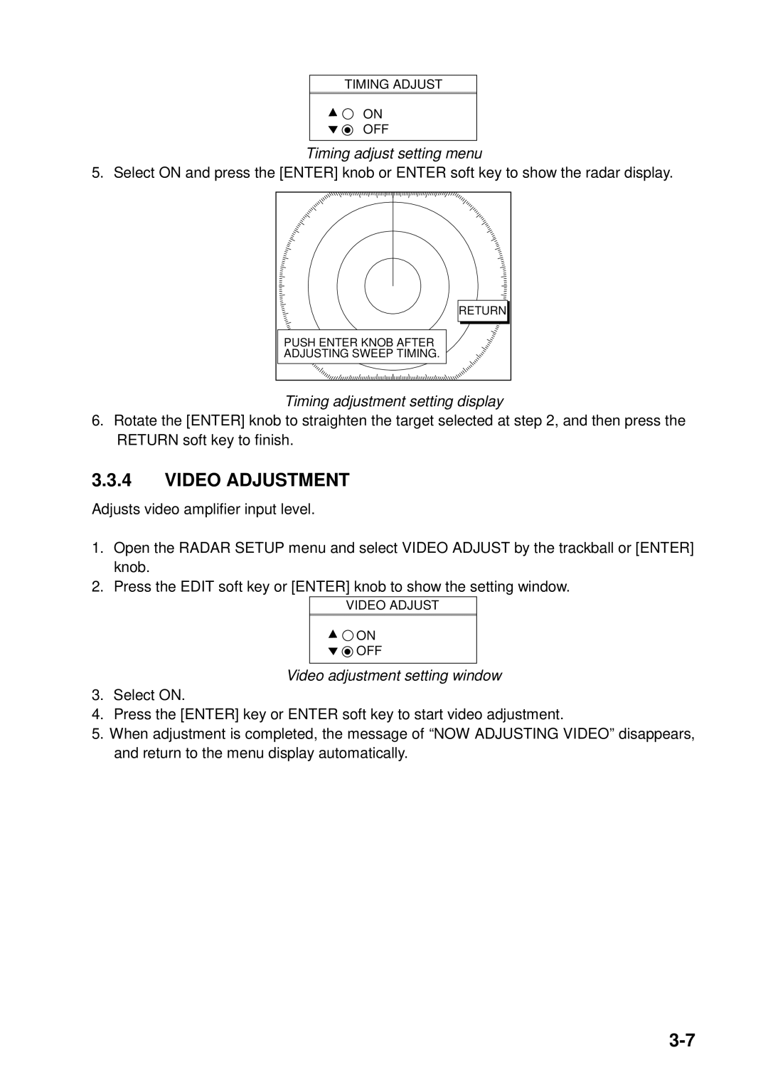 Furuno 1823C, 1933C, 1943C Timing adjust setting menu, Timing adjustment setting display, Video adjustment setting window 