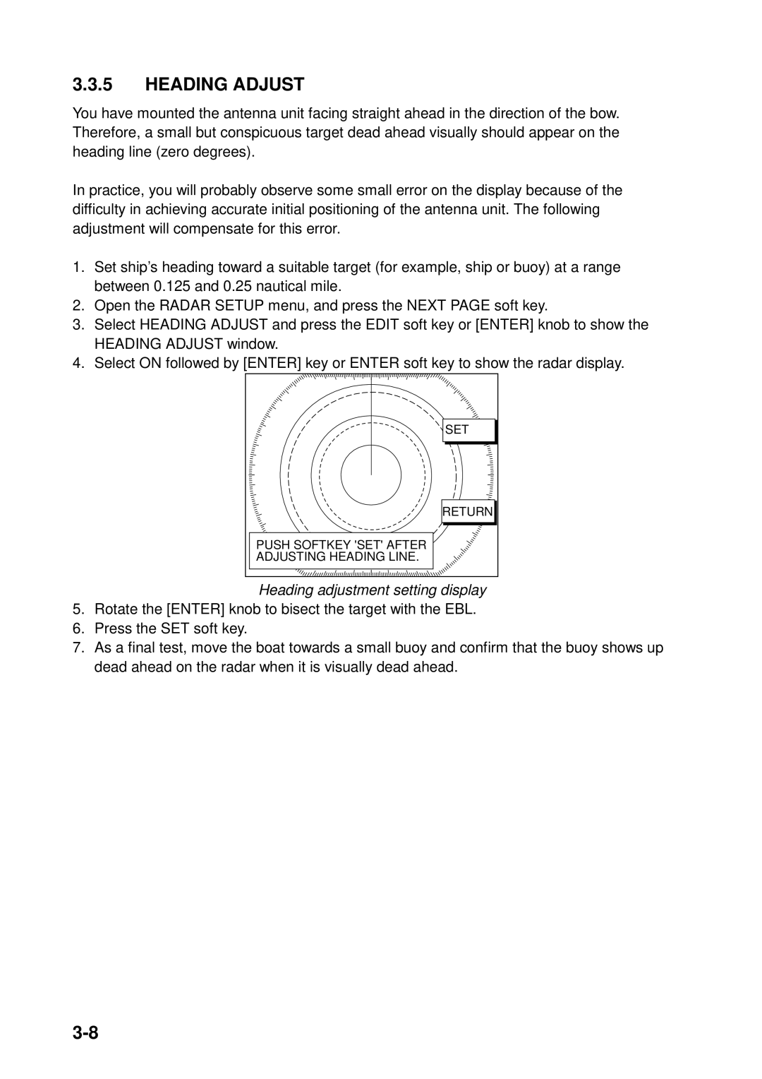 Furuno GD-1900C, 1933C, 1943C, 1833C, 1823C, 1953C manual Heading Adjust, Heading adjustment setting display 