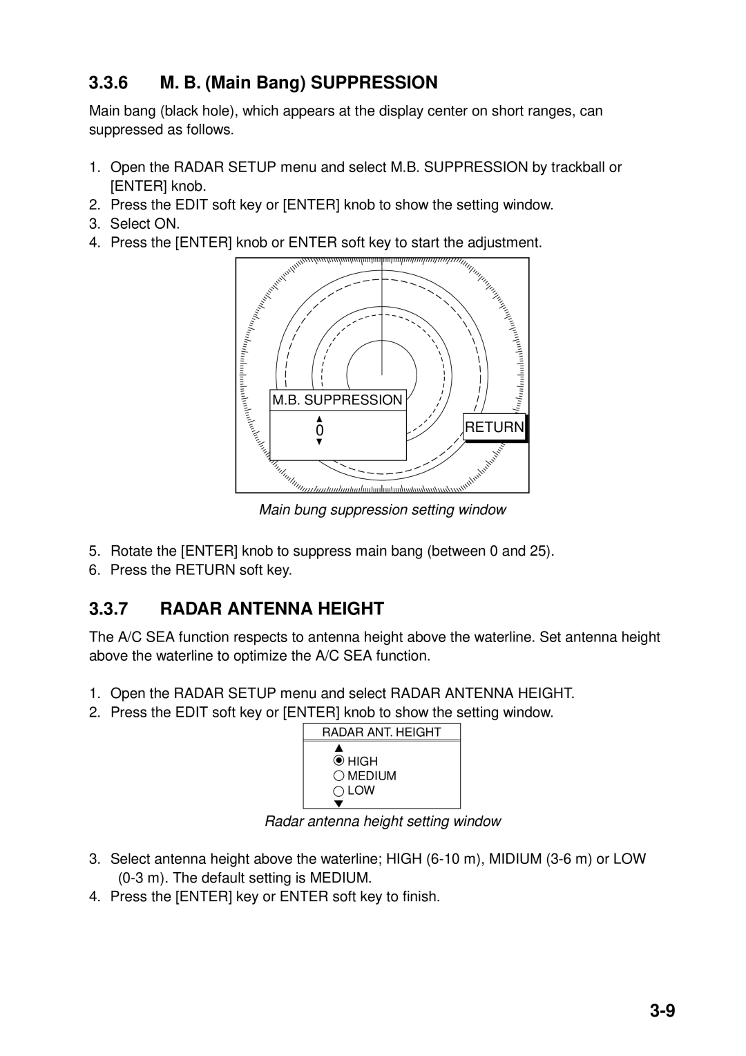 Furuno 1953C, 1933C, 1943C, 1833C, 1823C, GD-1900C Main bung suppression setting window, Radar antenna height setting window 