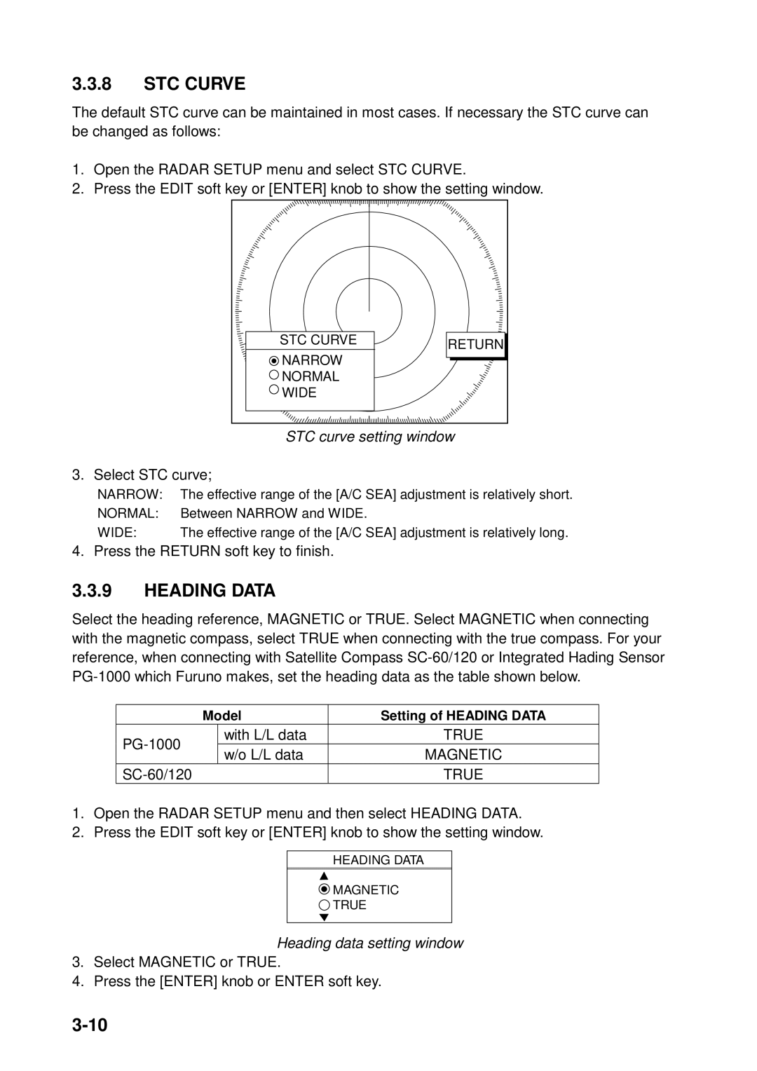 Furuno 1933C, 1943C, 1833C, 1823C, GD-1900C, 1953C manual STC curve setting window, Heading data setting window 