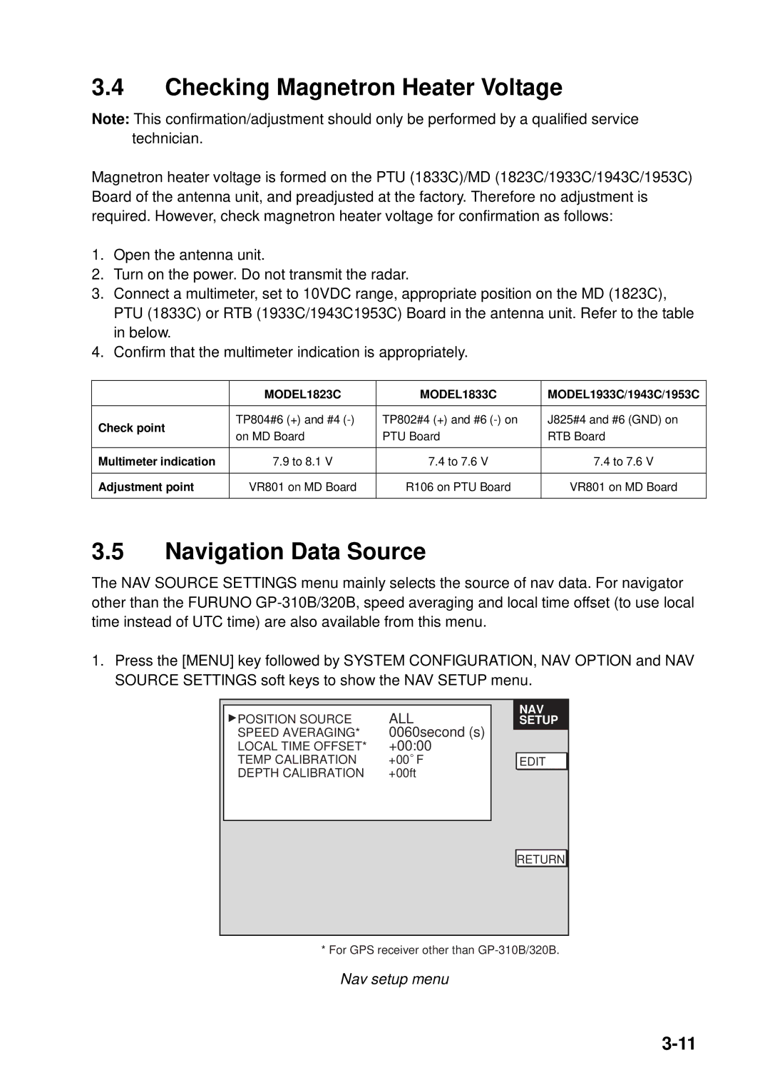 Furuno 1943C, 1933C, 1833C, 1823C, GD-1900C, 1953C Checking Magnetron Heater Voltage, Navigation Data Source, Nav setup menu 