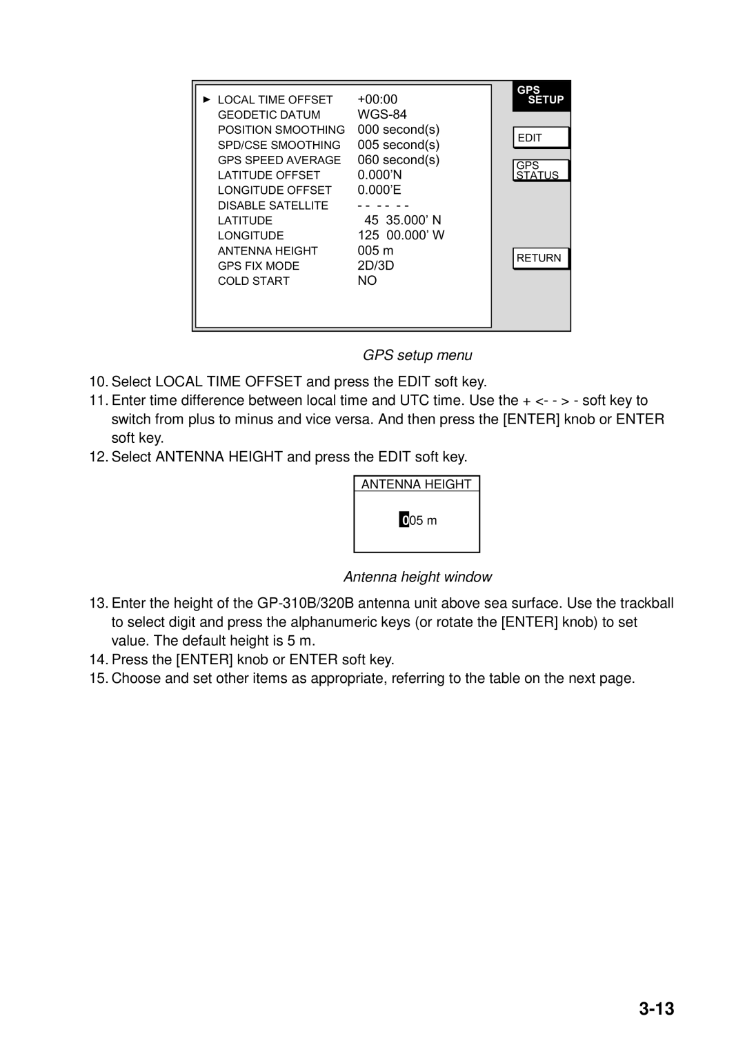 Furuno 1823C, 1933C, 1943C, 1833C, GD-1900C, 1953C manual GPS setup menu, Antenna height window 