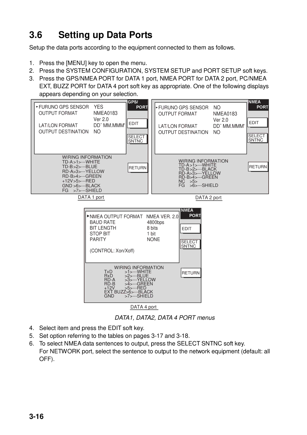 Furuno 1933C, 1943C, 1833C, 1823C, GD-1900C, 1953C manual Setting up Data Ports, DATA1, DATA2, Data 4 Port menus 