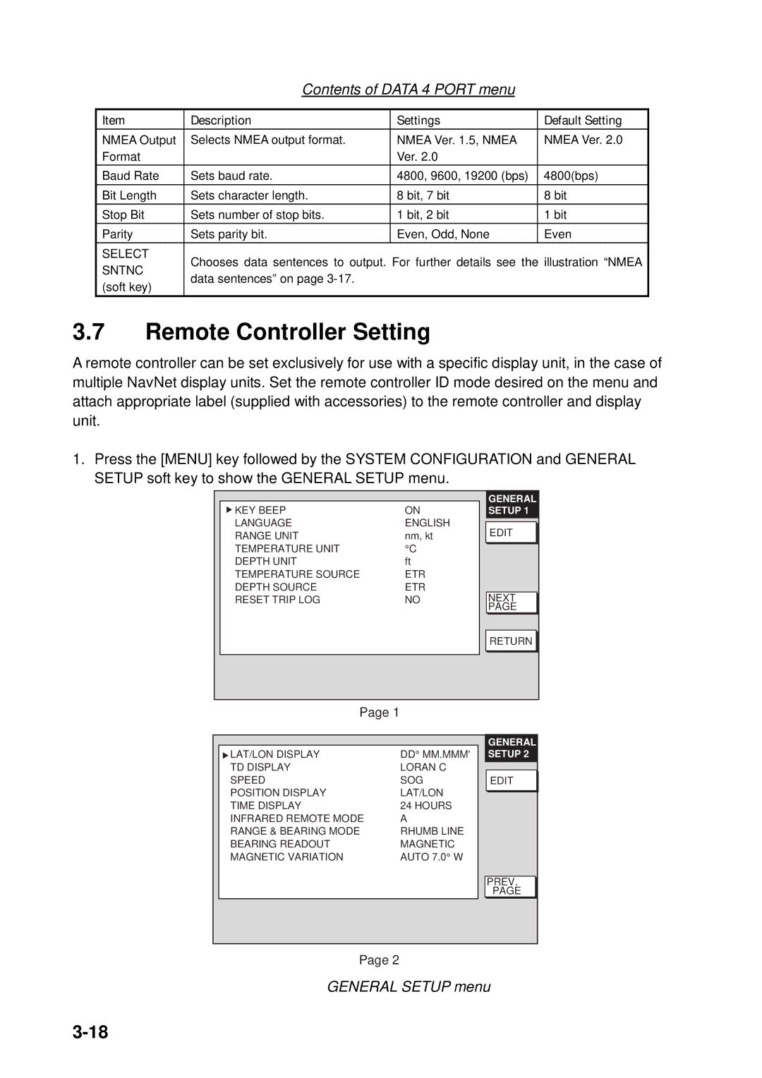 Furuno 1833C, 1933C, 1943C, 1823C, GD-1900C, 1953C Remote Controller Setting, Contents of Data 4 Port menu, General Setup menu 