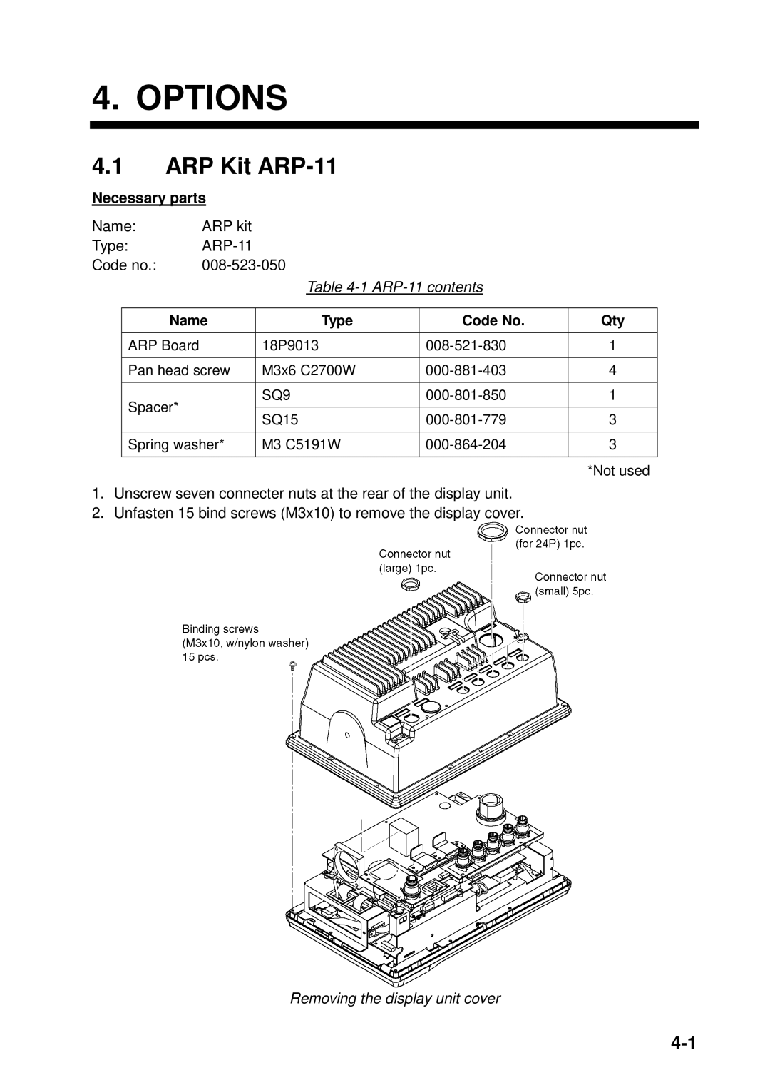 Furuno 1953C, 1933C, 1943C, 1833C, 1823C, GD-1900C manual ARP Kit ARP-11, ARP-11 contents, Removing the display unit cover 