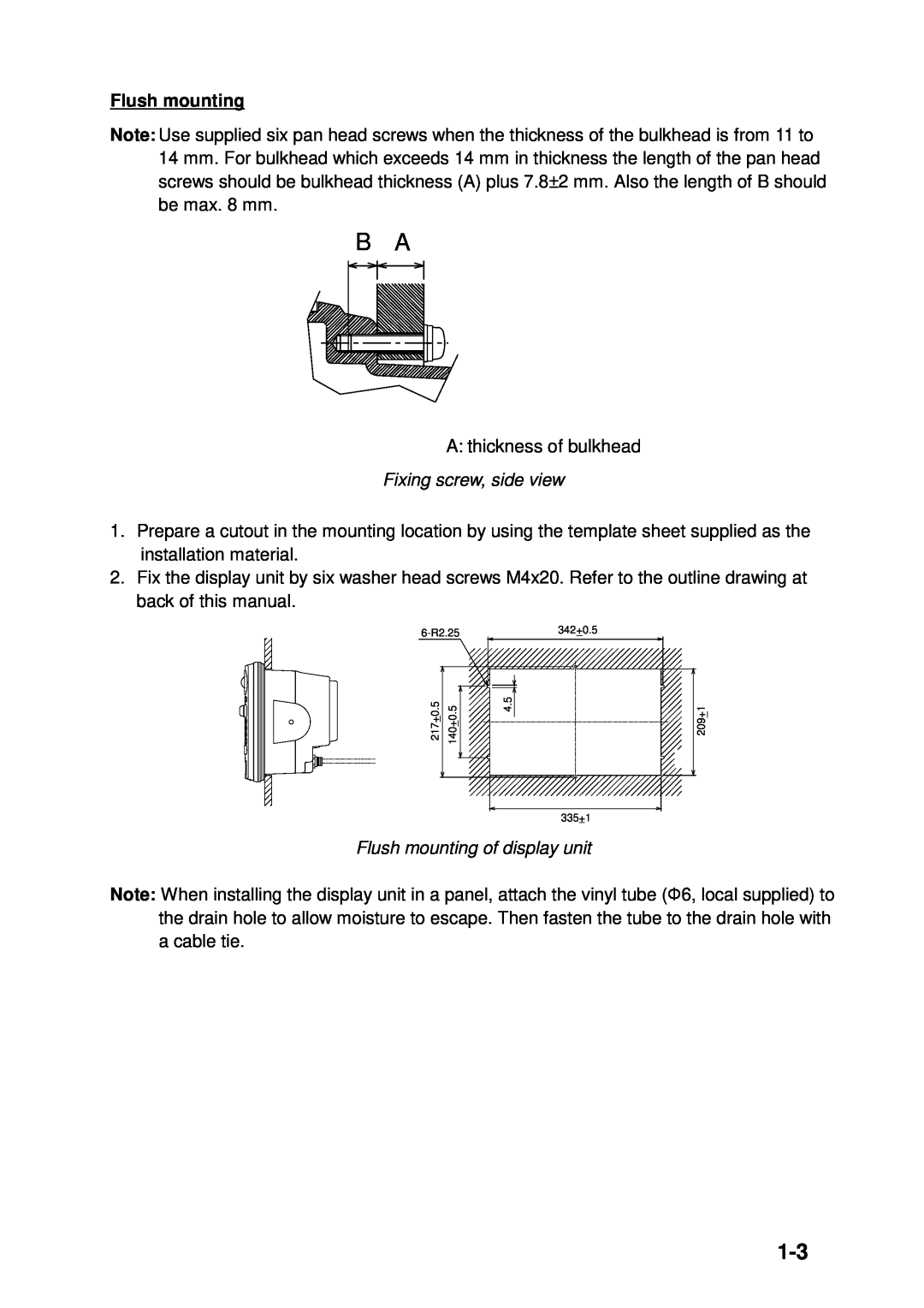 Furuno 1943C, 1933C, 1833C, 1823C, GD-1900C, 1953C manual Fixing screw, side view, Flush mounting of display unit 