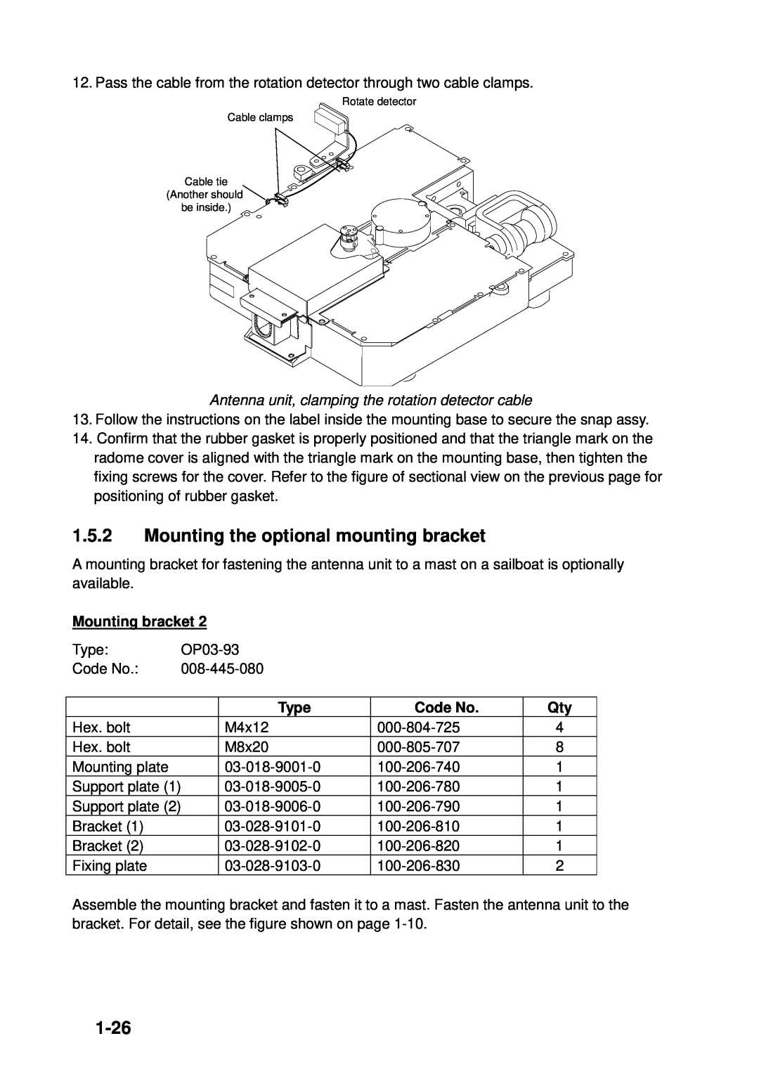 Furuno 1933C, 1943C, 1833C, 1823C, GD-1900C Mounting the optional mounting bracket, 1-26, Mounting bracket, Type, Code No 