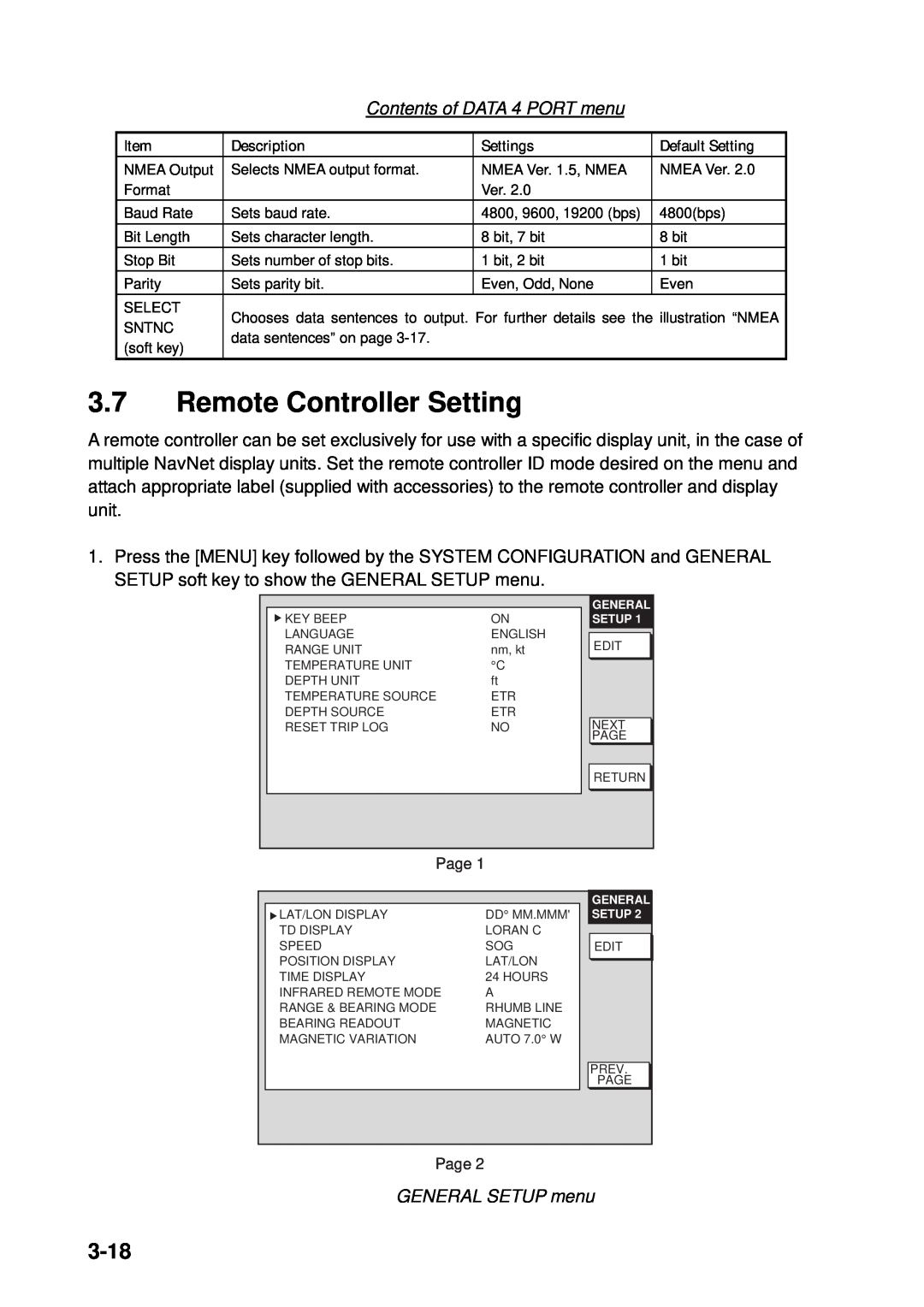 Furuno 1833C, 1933C, 1943C, 1823C, GD-1900C Remote Controller Setting, 3-18, Contents of DATA 4 PORT menu, GENERAL SETUP menu 