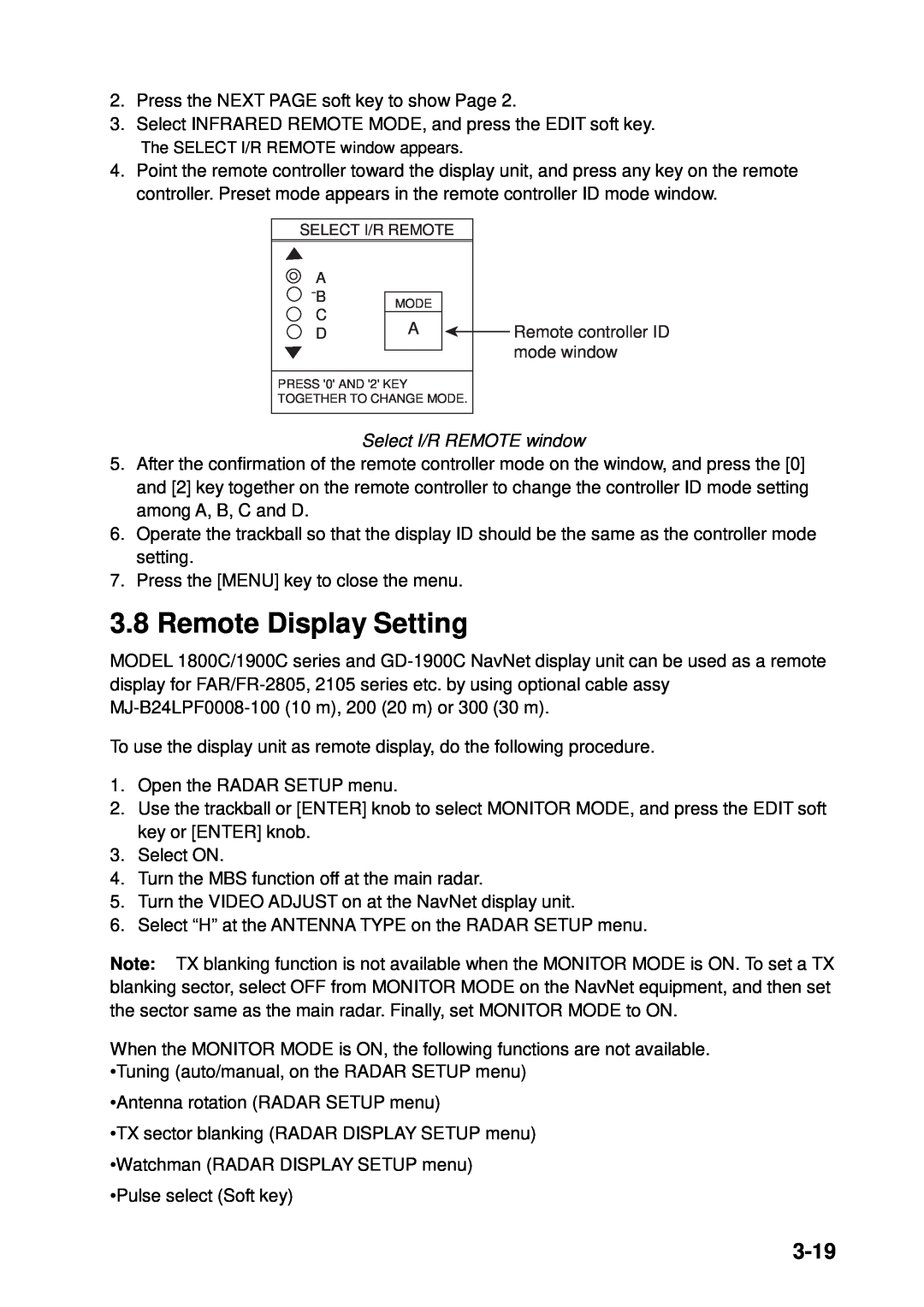 Furuno 1823C, 1933C, 1943C, 1833C, GD-1900C, 1953C manual Remote Display Setting, 3-19 