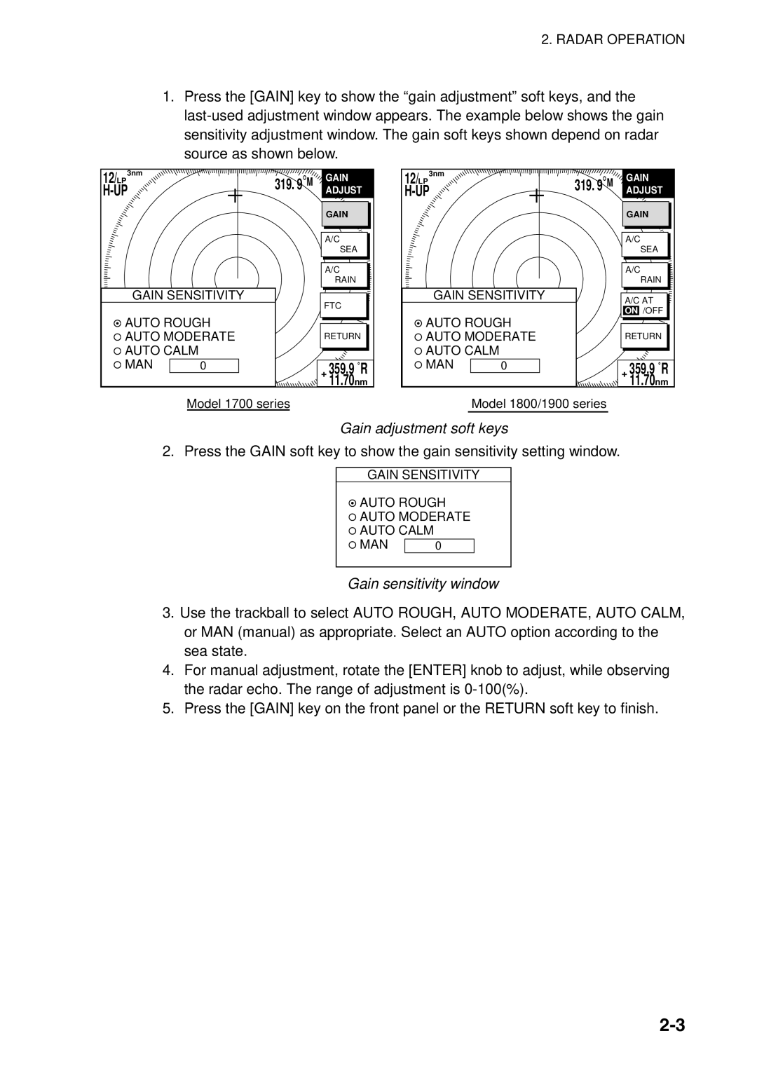 Furuno 1943C, 1933C, 1833C manual Gain adjustment soft keys, Gain sensitivity window 