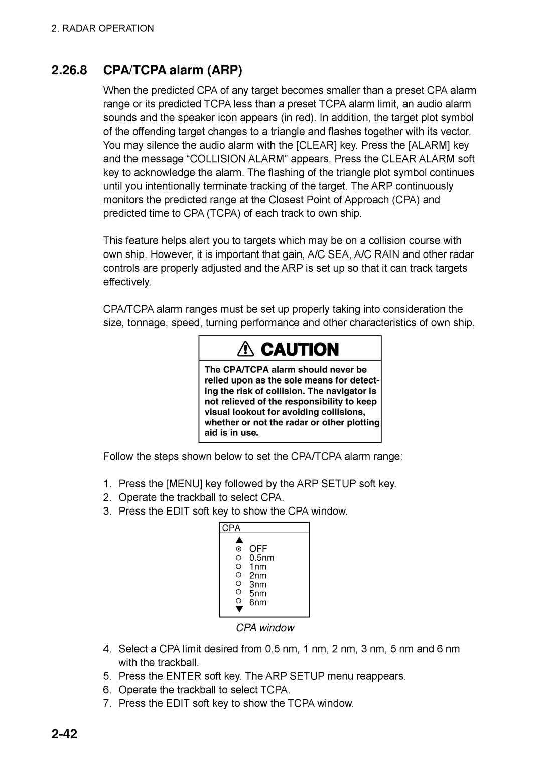 Furuno 1943C, 1933C, 1833C manual 26.8 CPA/TCPA alarm ARP, CPA window 