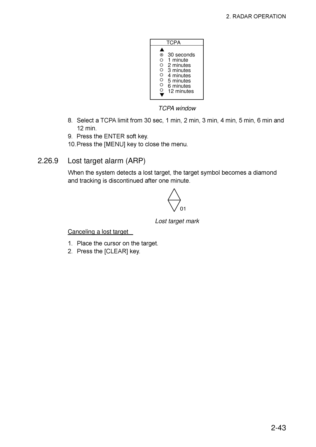 Furuno 1833C, 1933C, 1943C manual Lost target alarm ARP, Tcpa window, Lost target mark, Canceling a lost target 